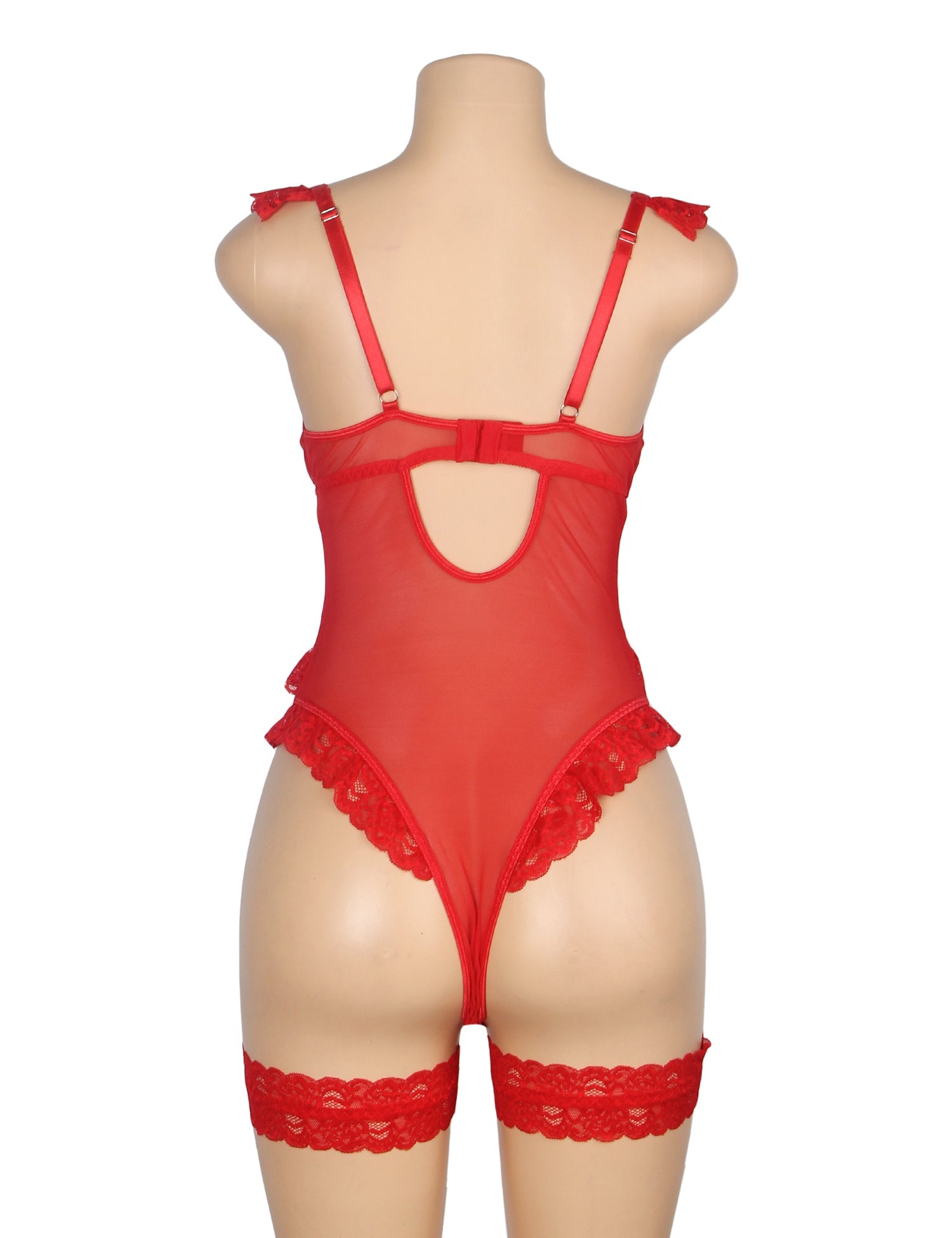 Roter, sexy Jacquard-Spitzen-Mesh-Body ohne Schritt mit Strumpfband