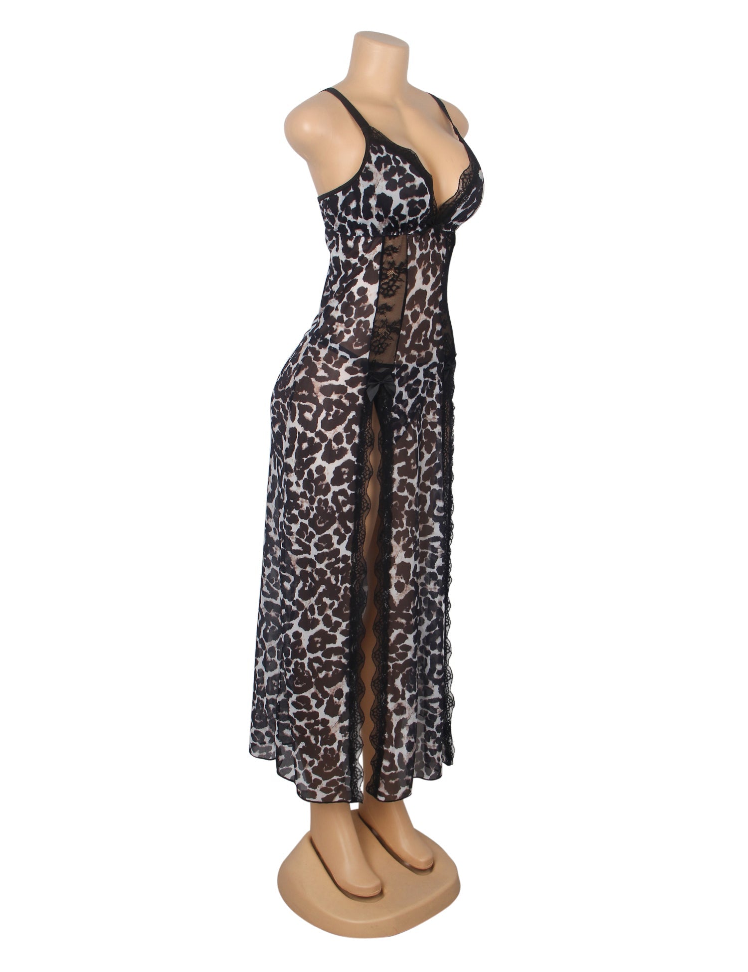Leopard Sexy Mesh Lace Long Split Nightgown