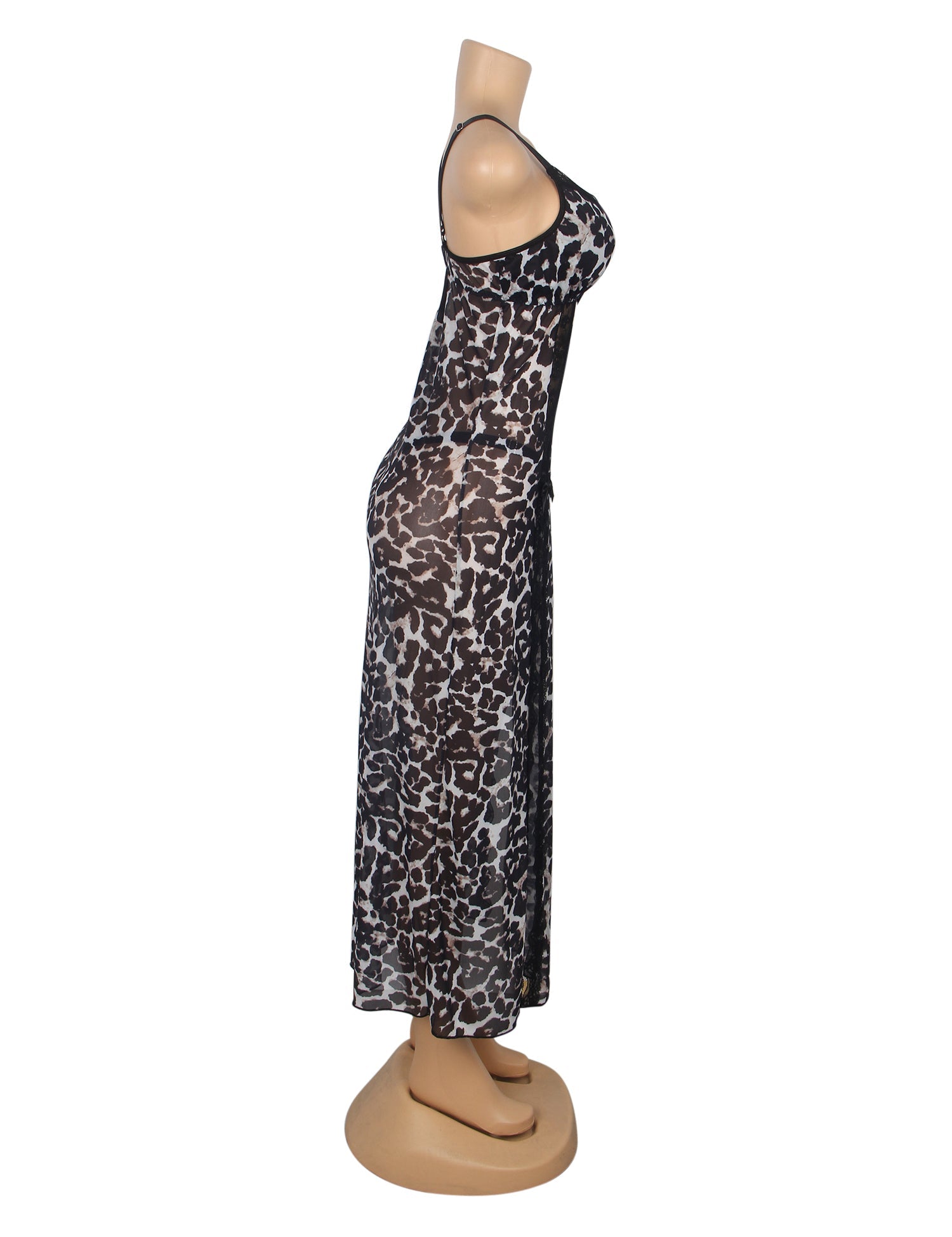 Leopard Sexy Mesh Lace Long Split Nightgown
