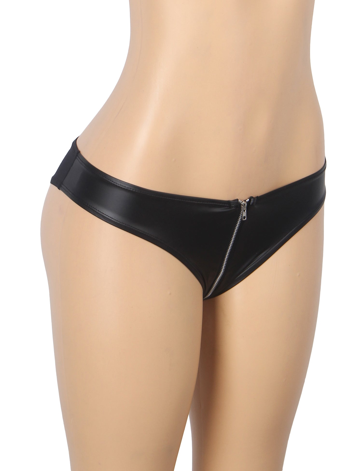 Schwarze, sexy Damenunterwäsche aus PU-Leder mit Mesh- und Reißverschluss