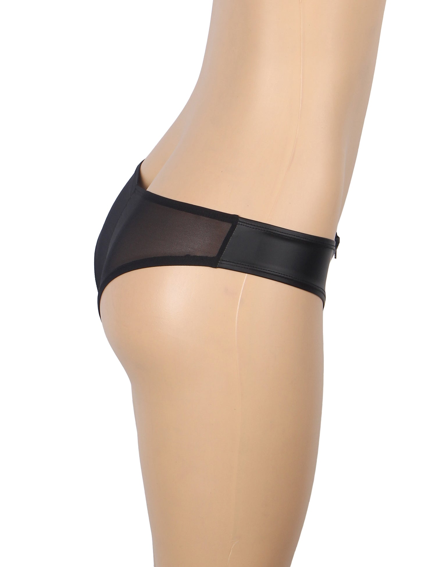 Schwarze, sexy Damenunterwäsche aus PU-Leder mit Mesh- und Reißverschluss