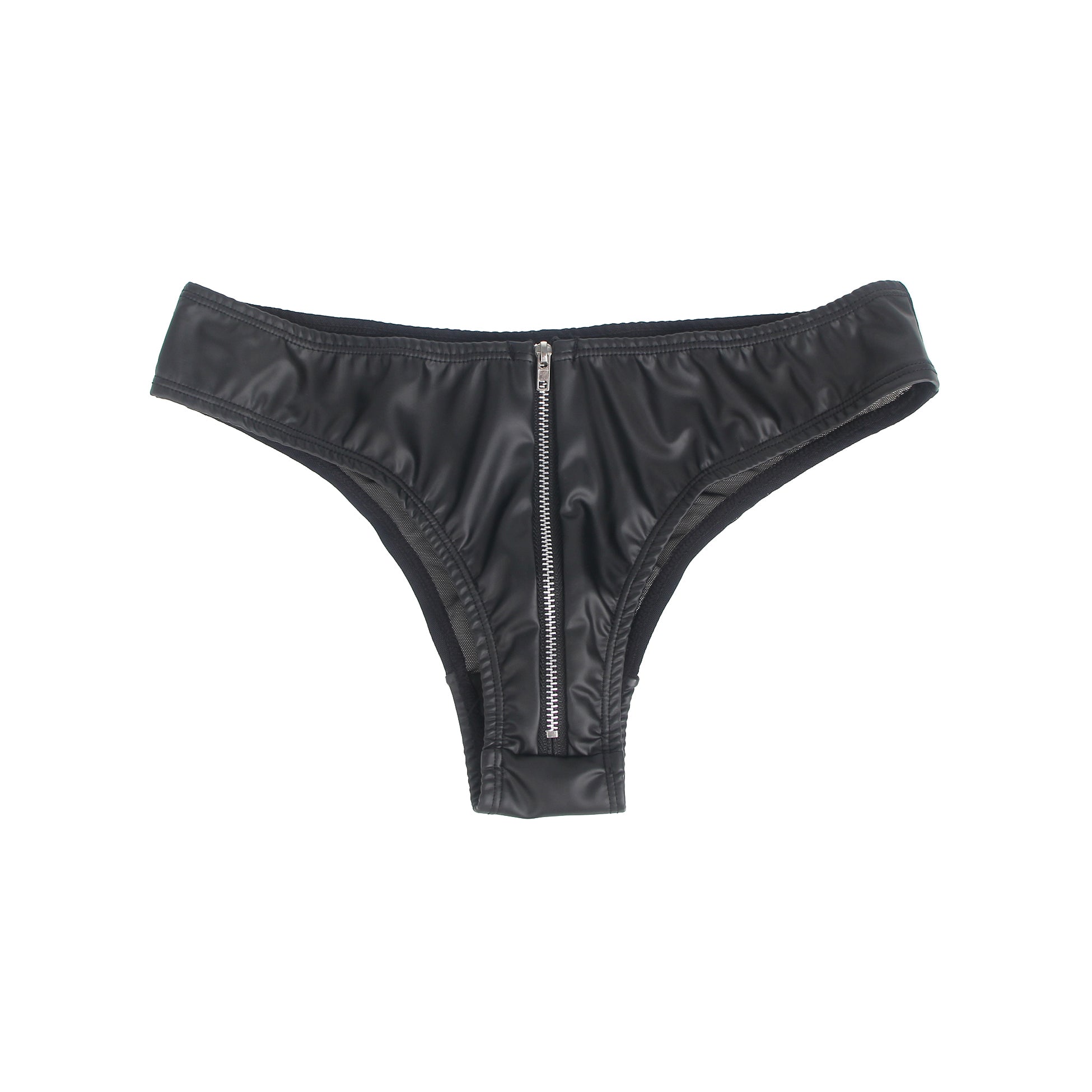 Schwarze, sexy Damenunterwäsche aus PU-Leder mit Mesh- und Reißverschluss