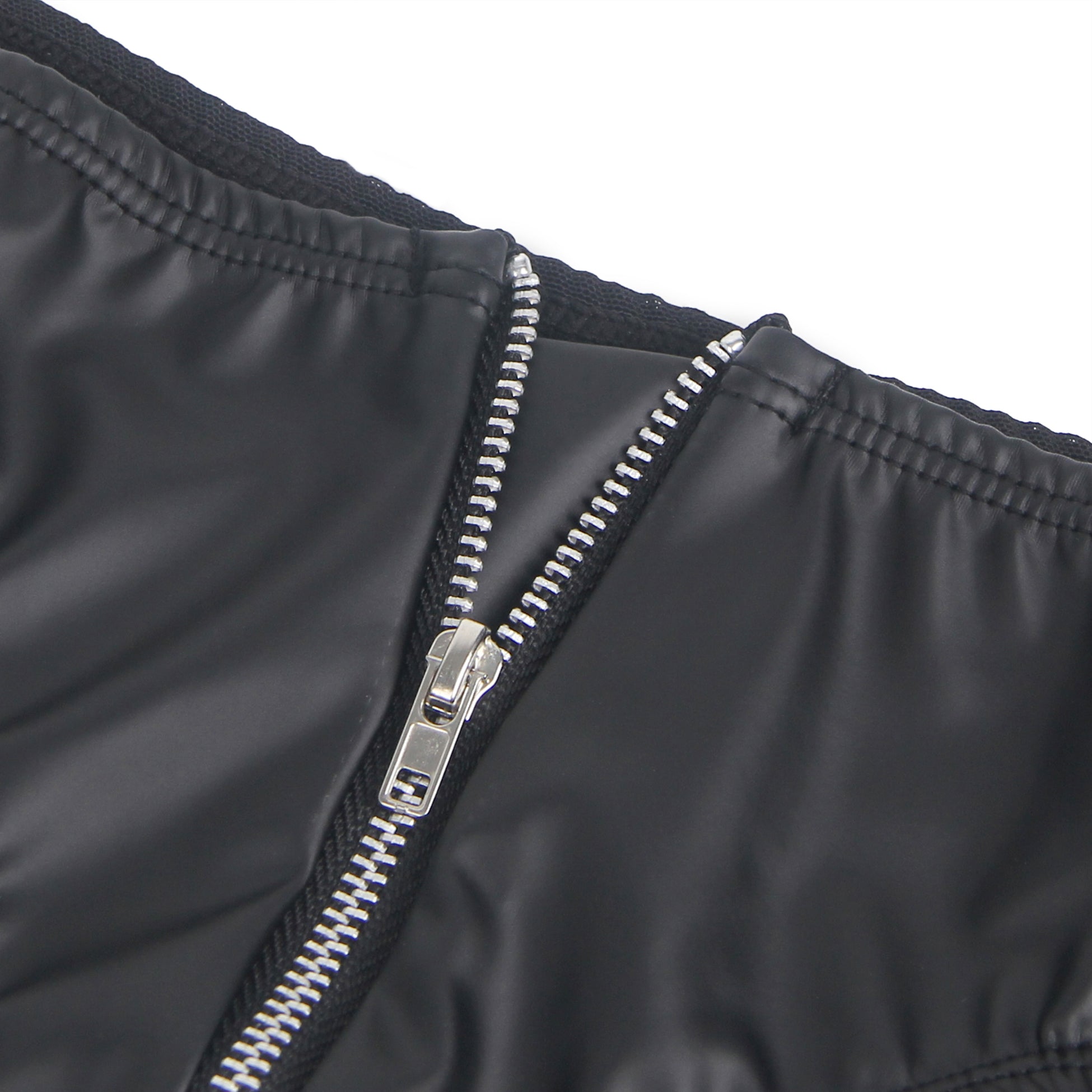 Schwarze, sexy Damenunterwäsche aus PU-Leder mit Mesh- und Reißverschluss