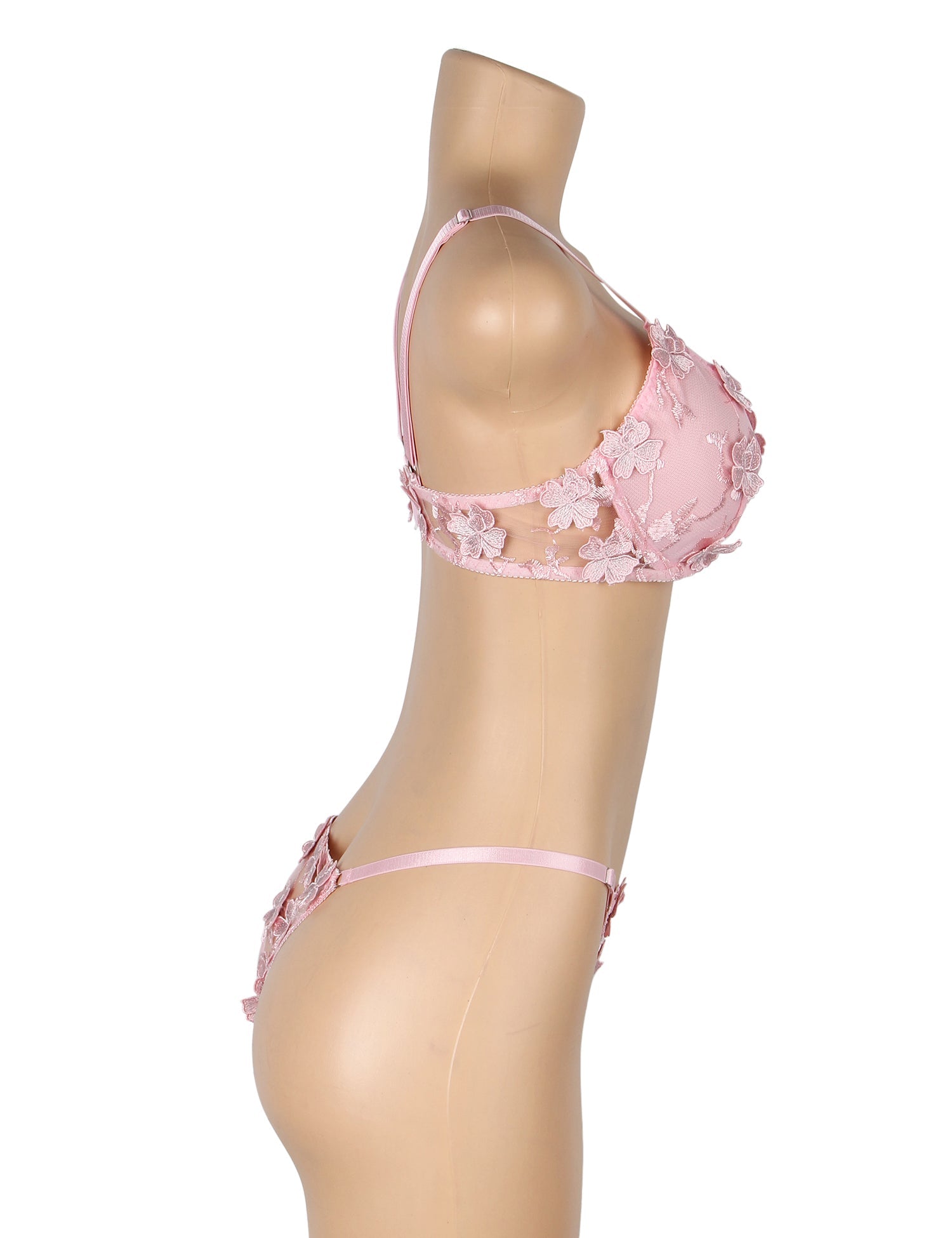 Ensemble soutien-gorge et soutien-gorge en dentelle rose sexy à broderie florale et maille