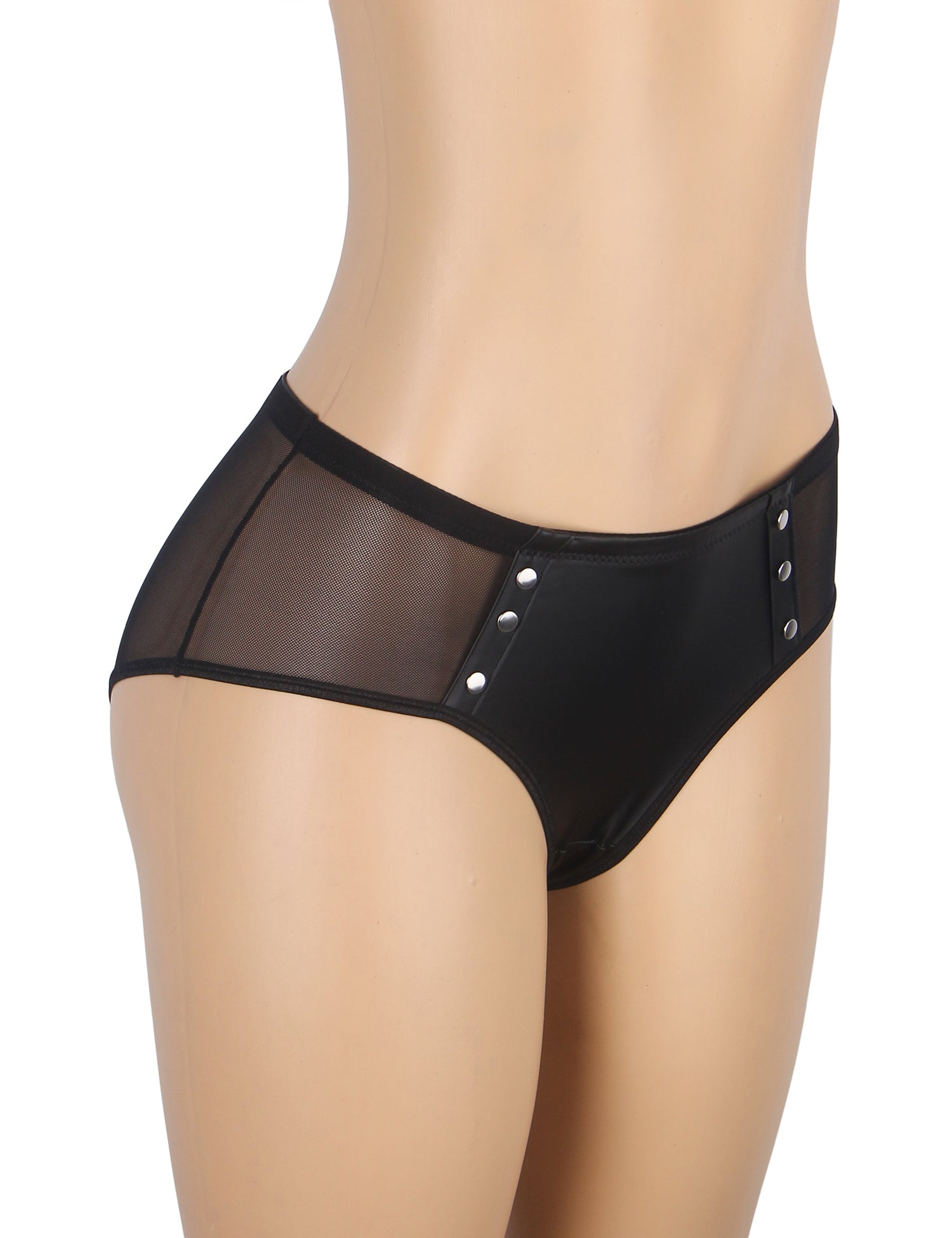 Schwarze, sexy Damenunterwäsche aus PU-Leder mit Mesh-Nieten
