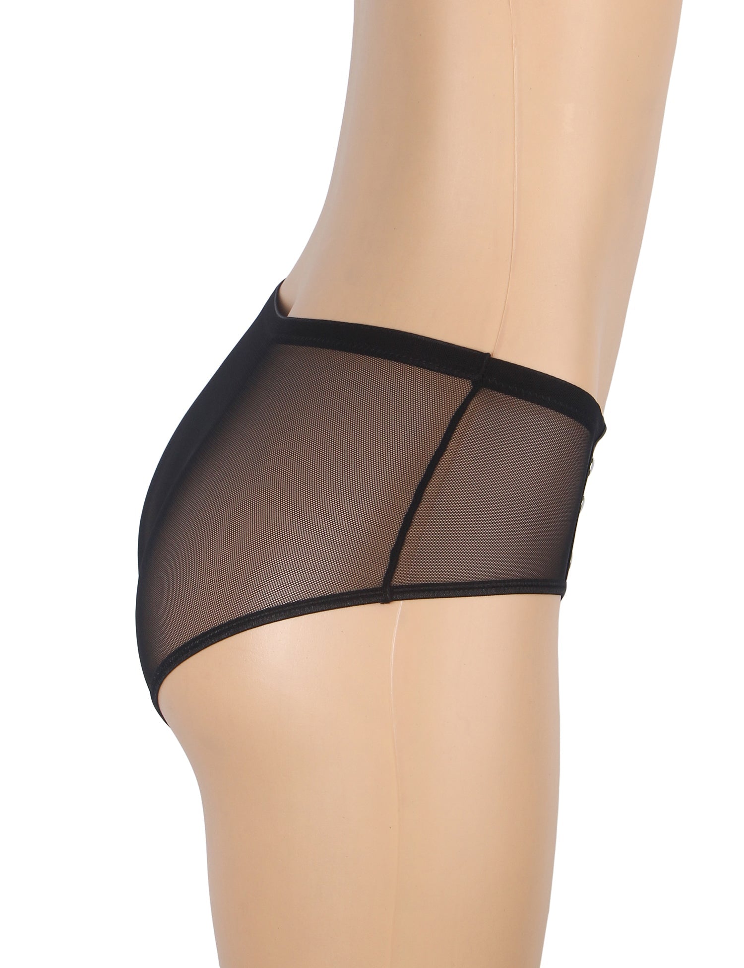 Schwarze, sexy Damenunterwäsche aus PU-Leder mit Mesh-Nieten