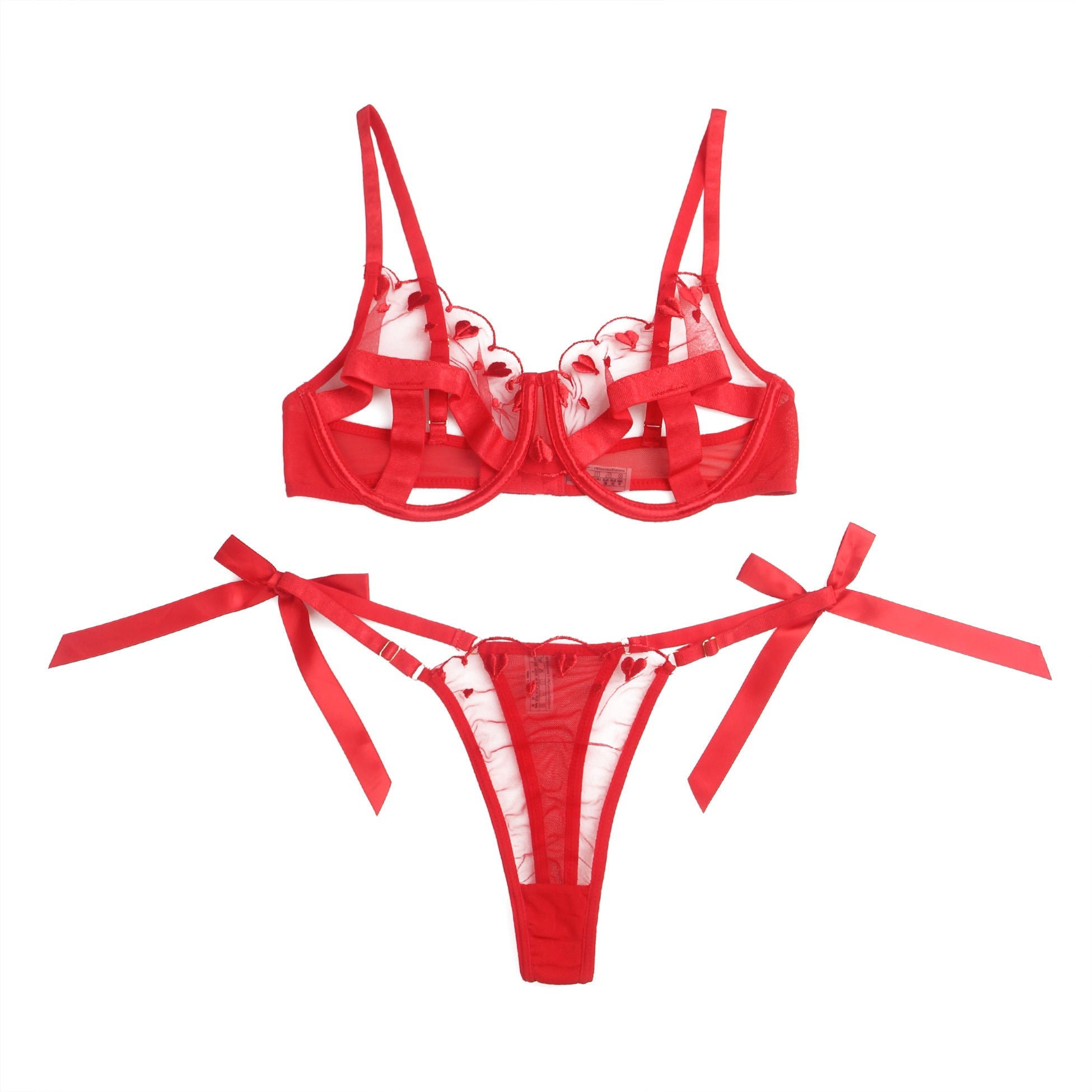 Rotes, sexy Mesh-BH-Set mit Herzstickerei
