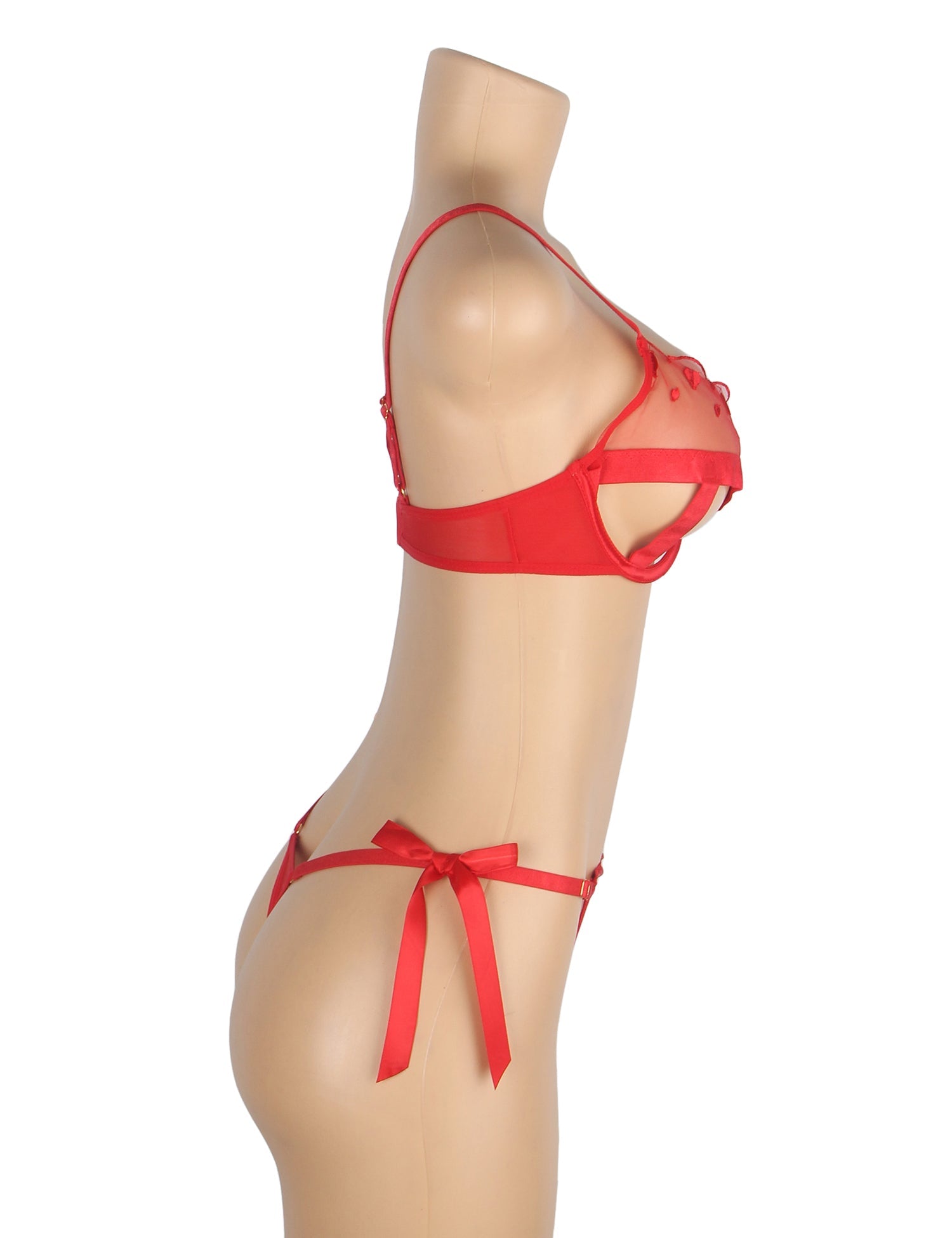 Rotes, sexy Mesh-BH-Set mit Herzstickerei