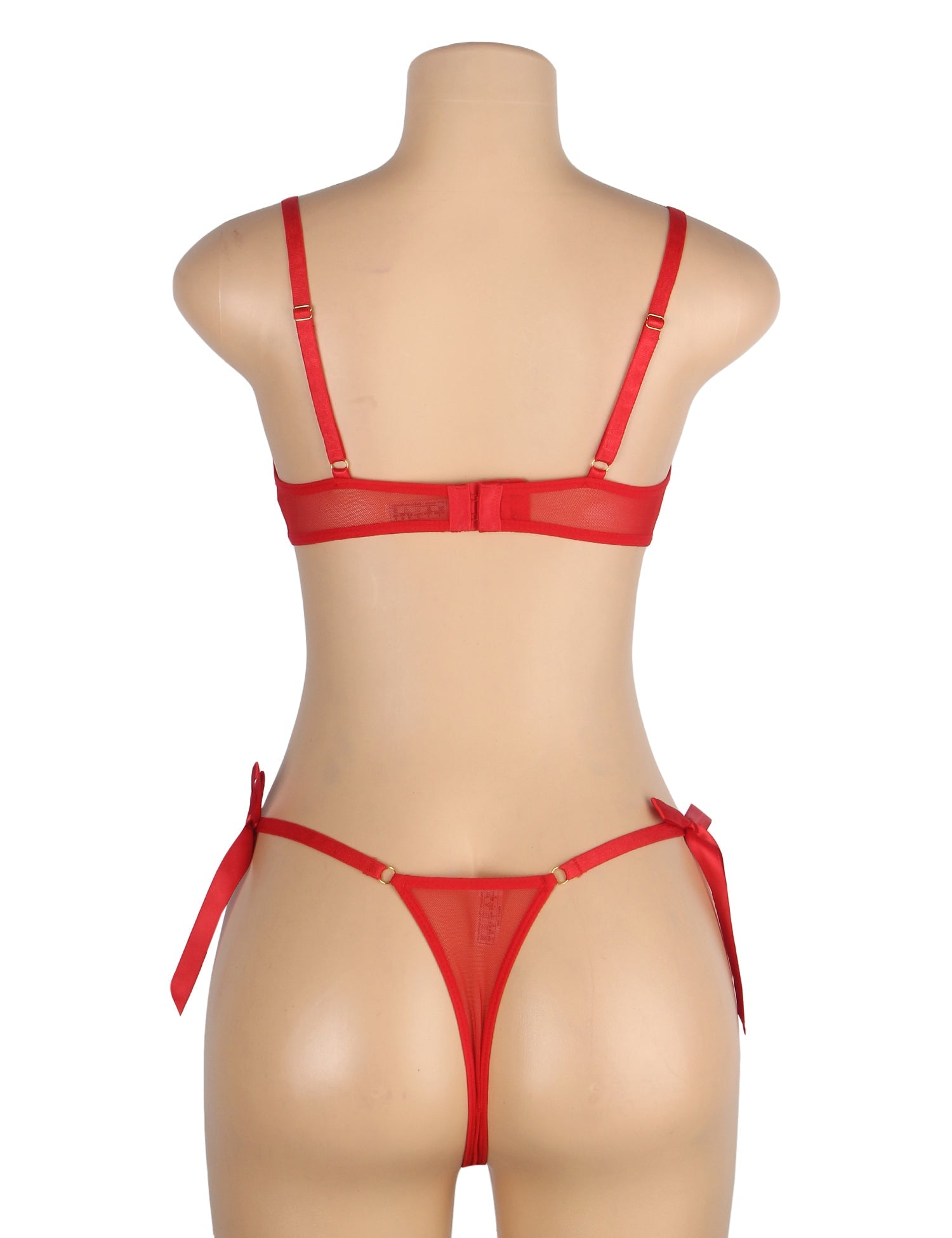 Rotes, sexy Mesh-BH-Set mit Herzstickerei