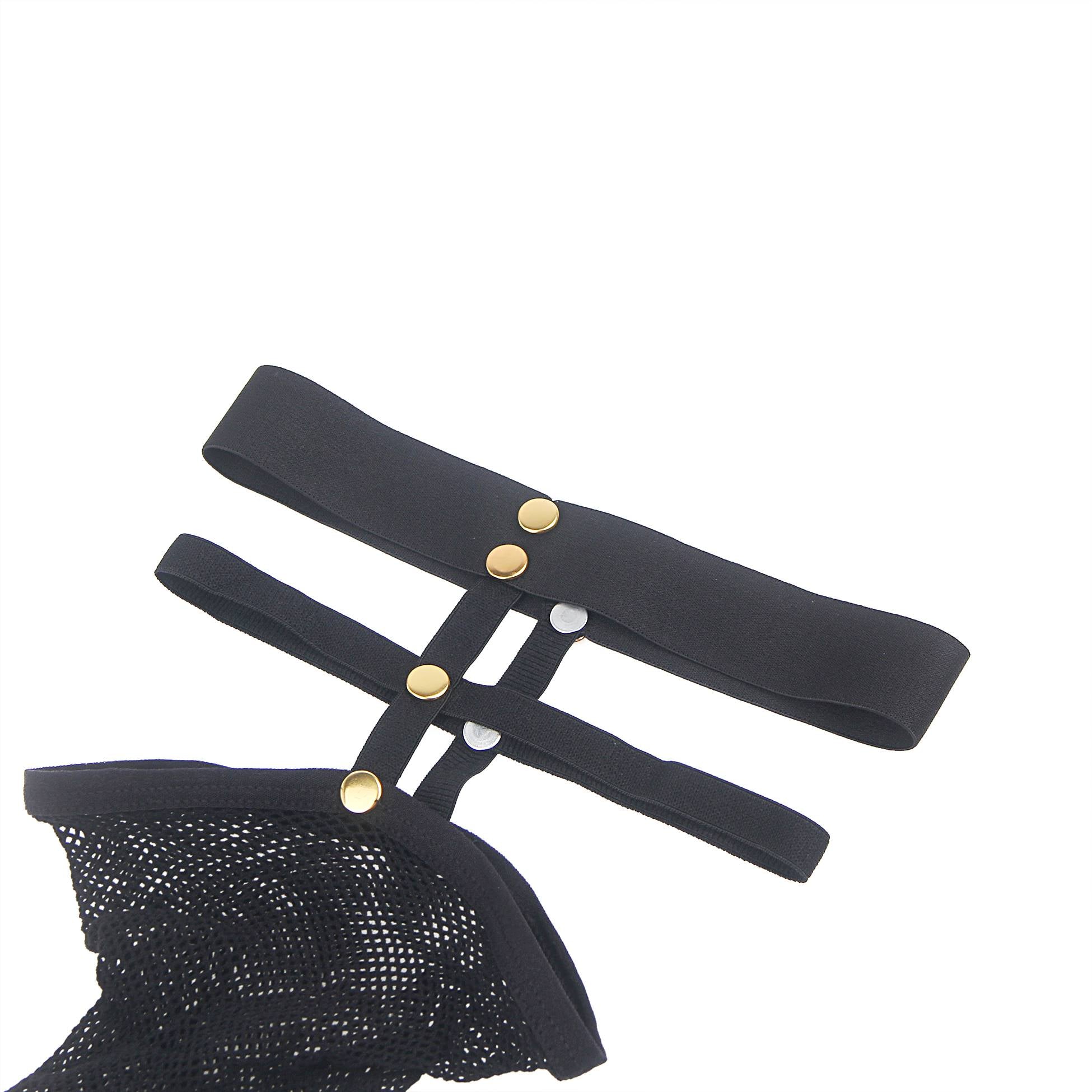 Schwarze, sexy, engmaschige, elastische Netzstrümpfe mit Nieten