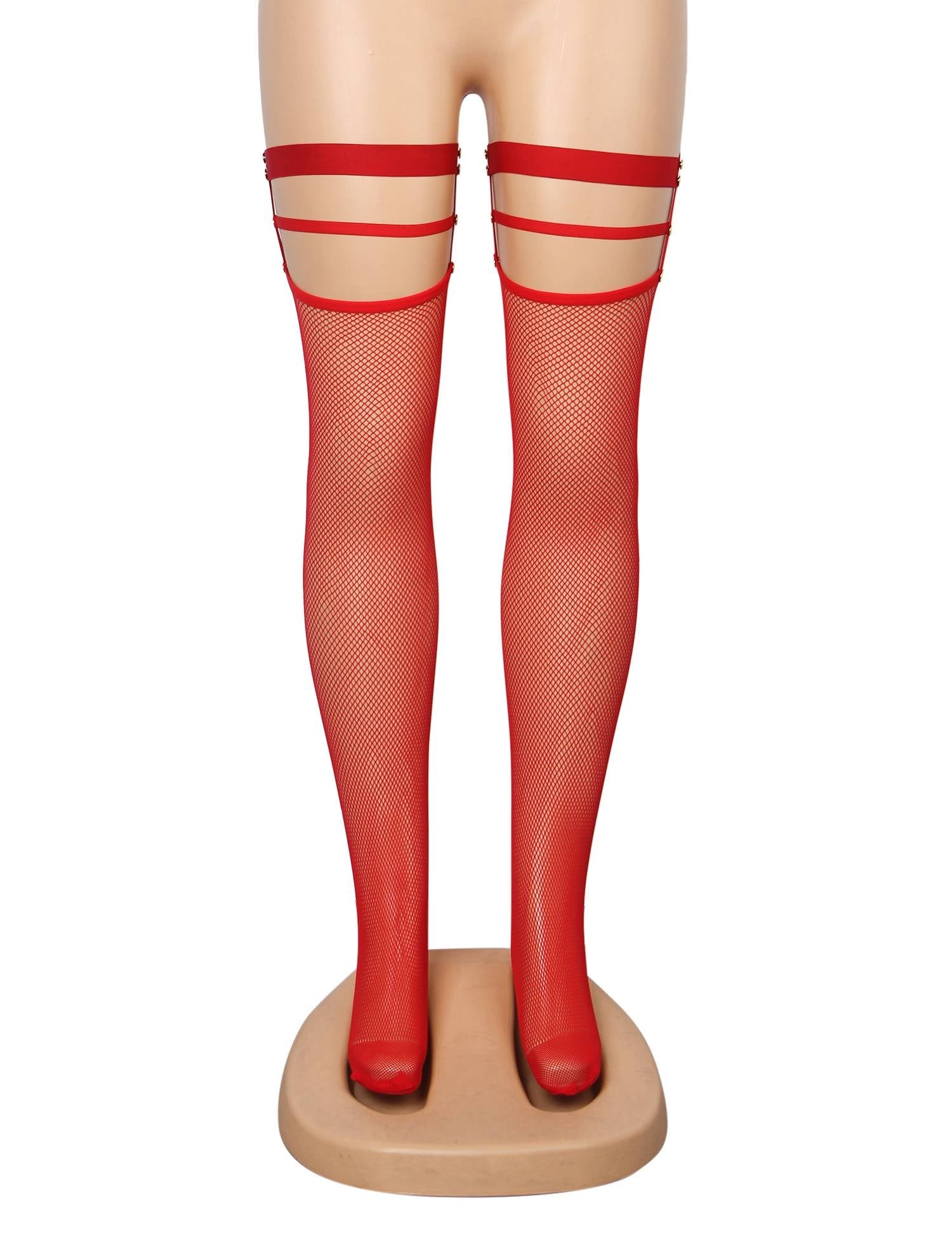 Red Sexy Small Mesh Elastic Rivet Fishnet Stockings