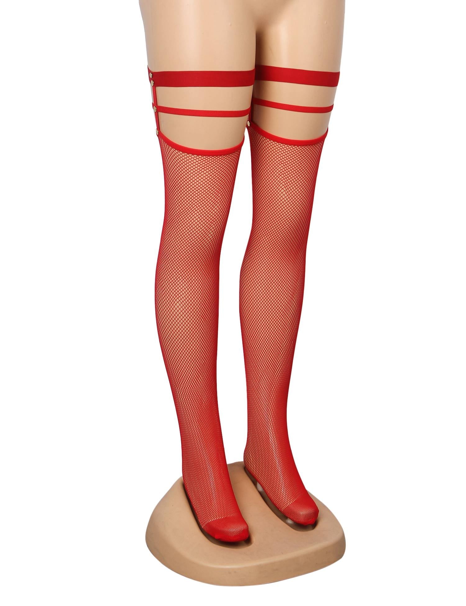 Red Sexy Small Mesh Elastic Rivet Fishnet Stockings