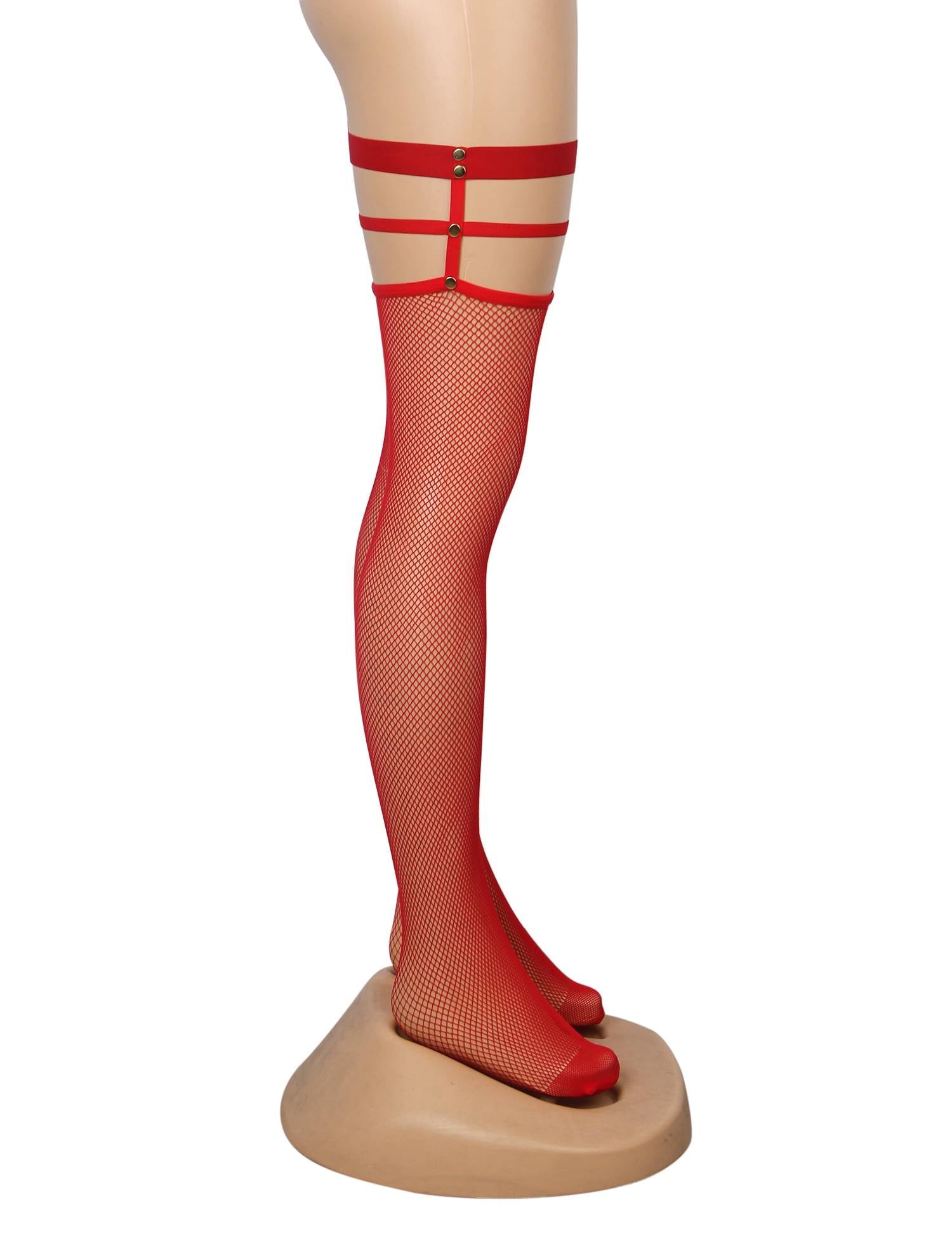Red Sexy Small Mesh Elastic Rivet Fishnet Stockings