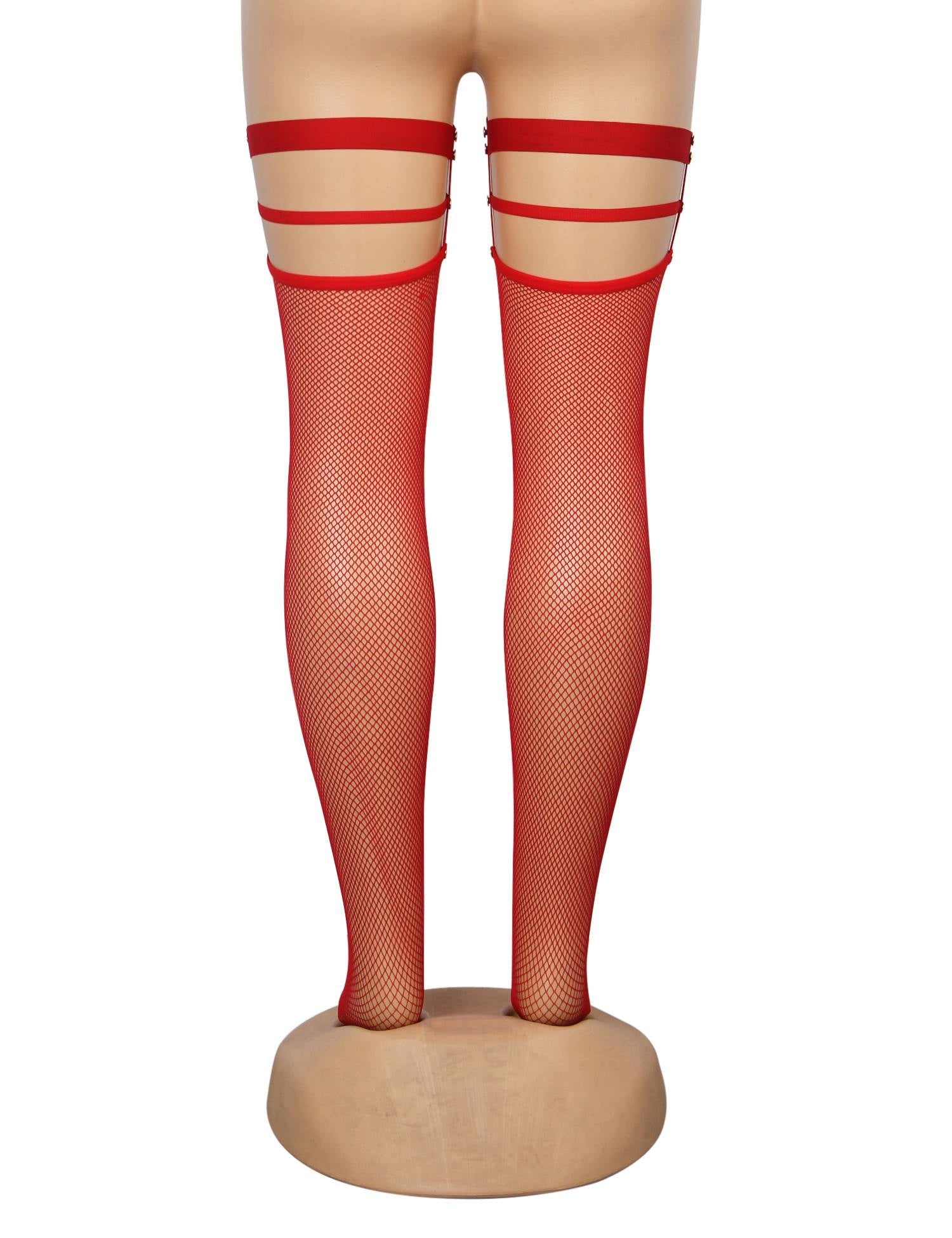 Red Sexy Small Mesh Elastic Rivet Fishnet Stockings