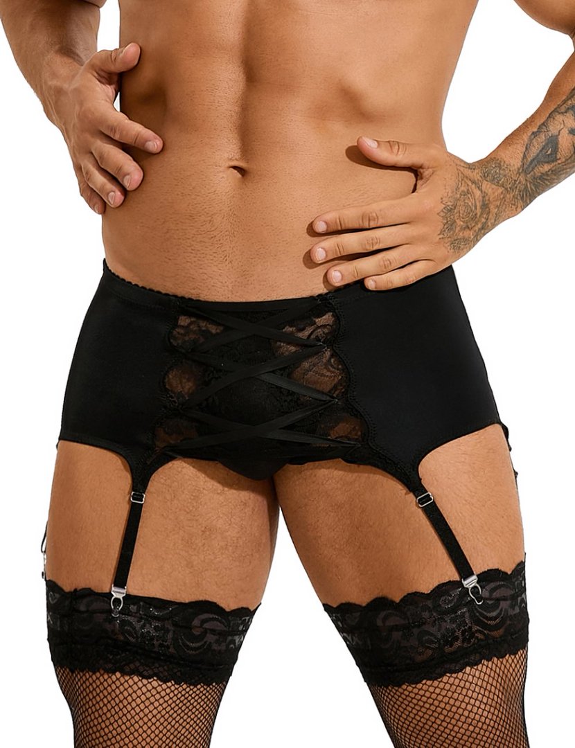 Teasefashion men's lace garter panty in black with crisscross lace design and attached garter straps