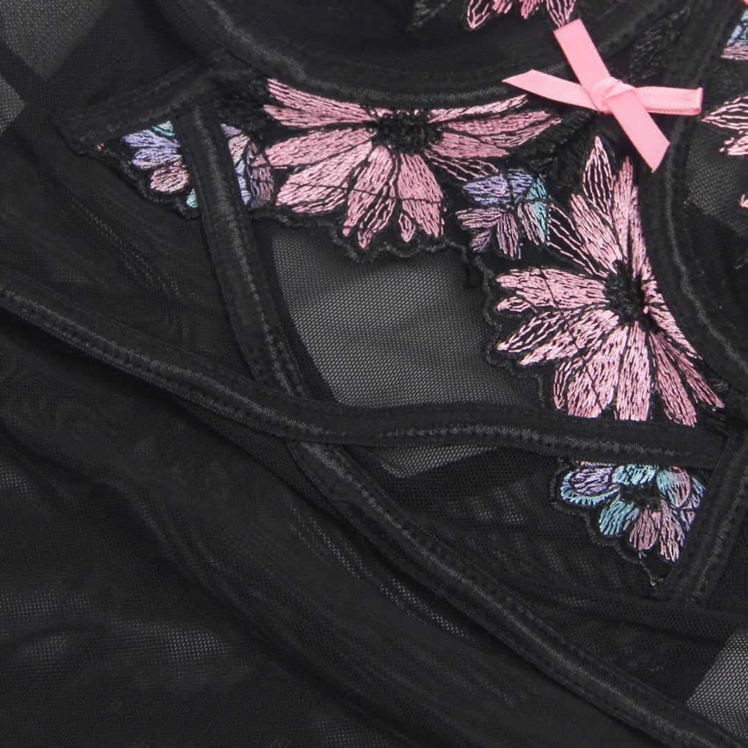 Black Sexy Mesh Floral Embroidery Lift Bra Suspender Nightdress