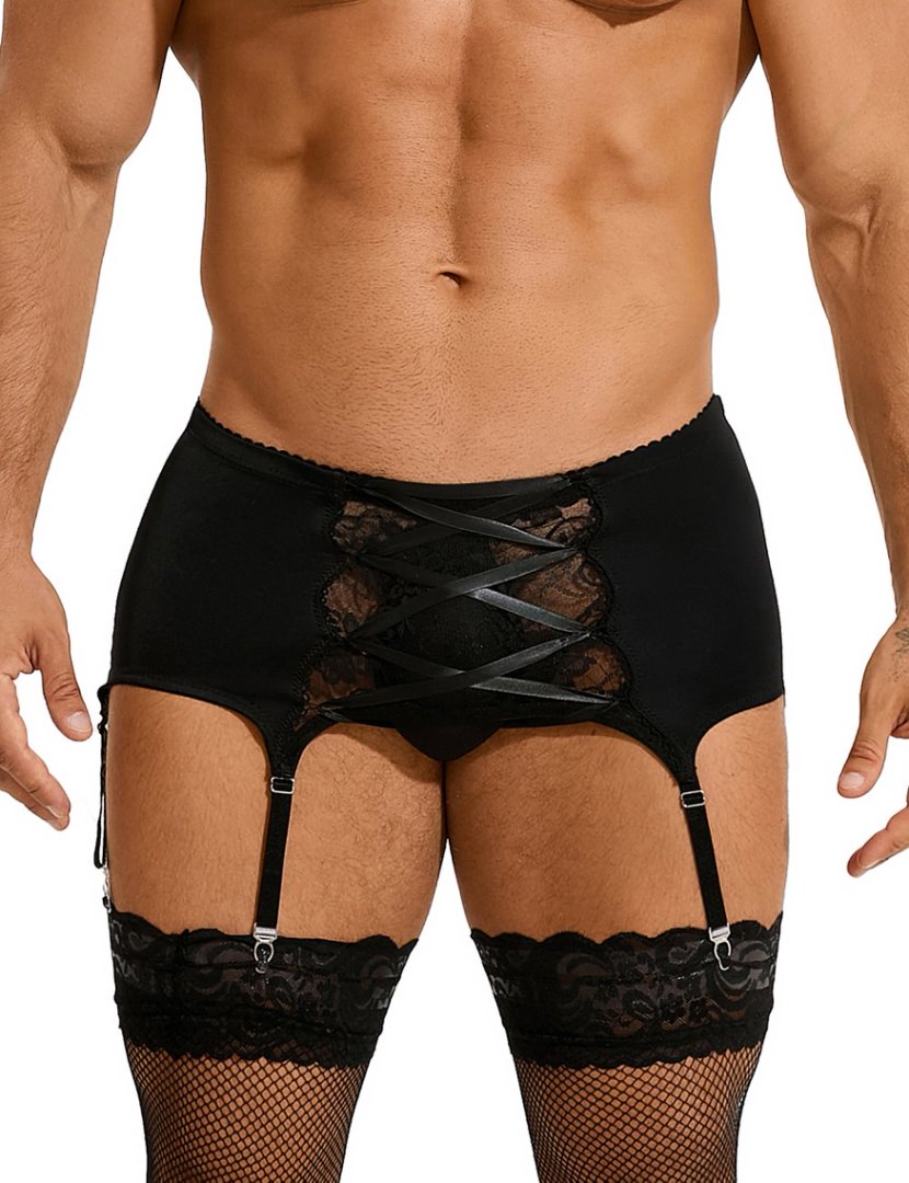 Teasefashion men's lace garter panty in black with lace-up front and attached garter straps