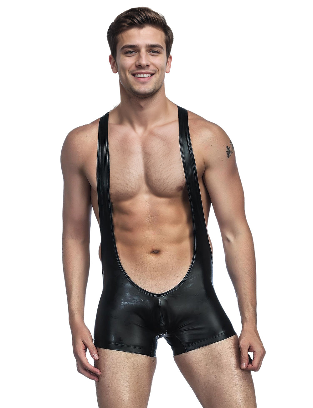 Black Sexy PU Leather Men Bodysuit Underwear