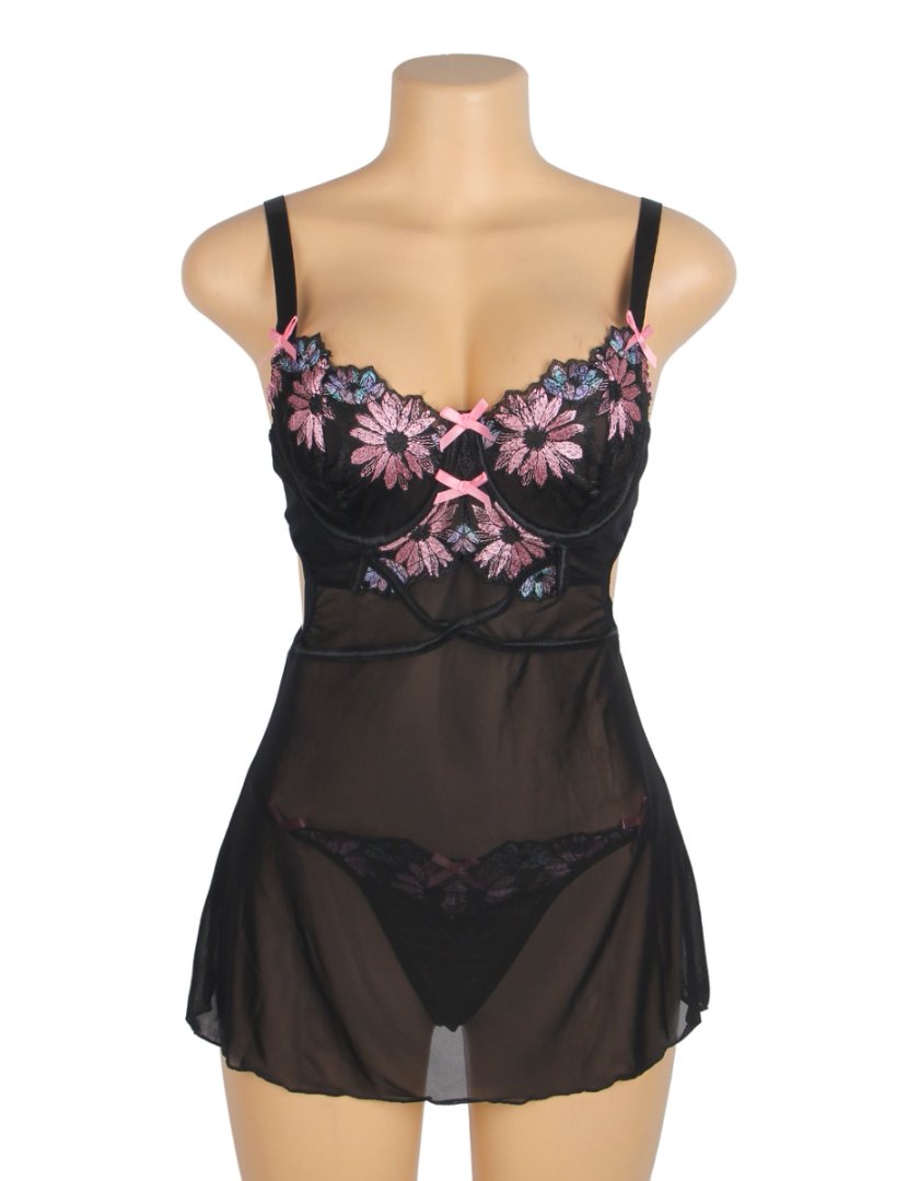 Black Sexy Mesh Floral Embroidery Lift Bra Suspender Nightdress