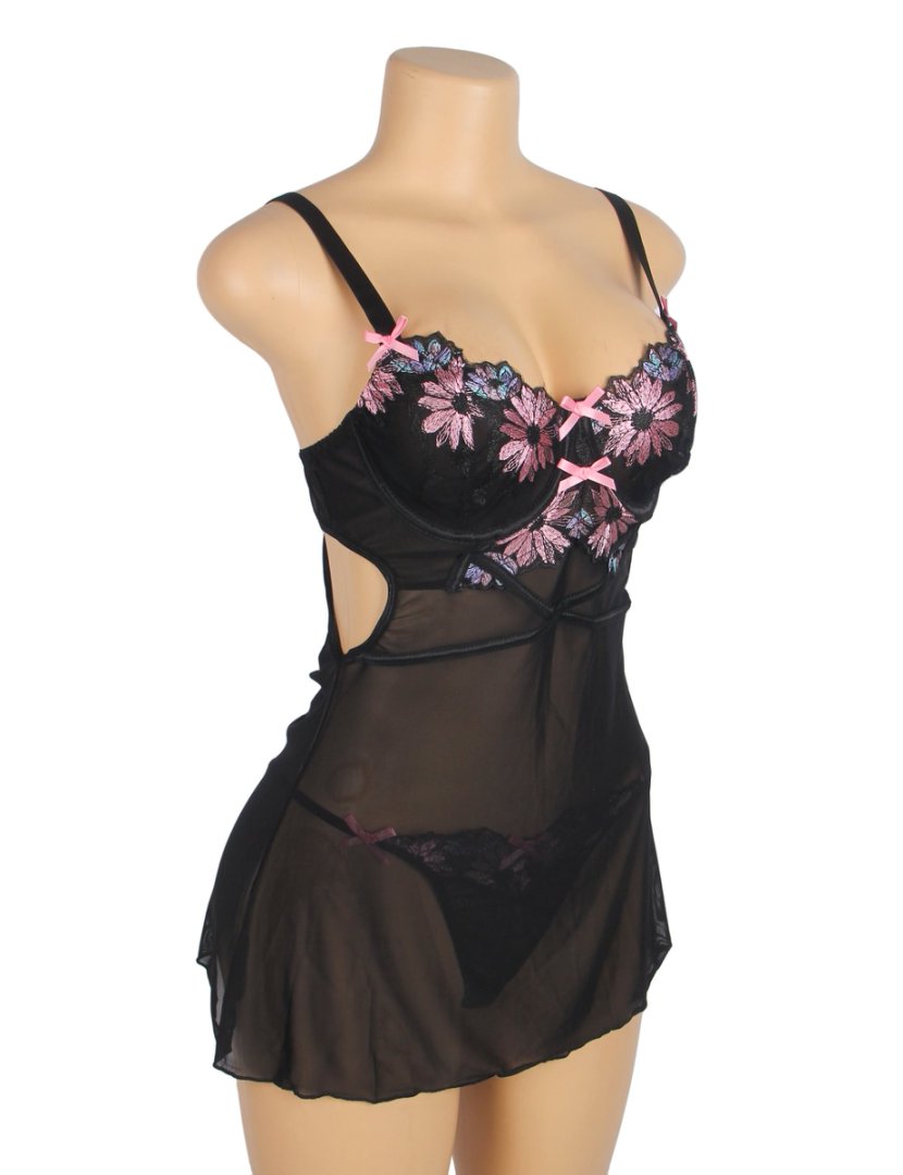Black Sexy Mesh Floral Embroidery Lift Bra Suspender Nightdress
