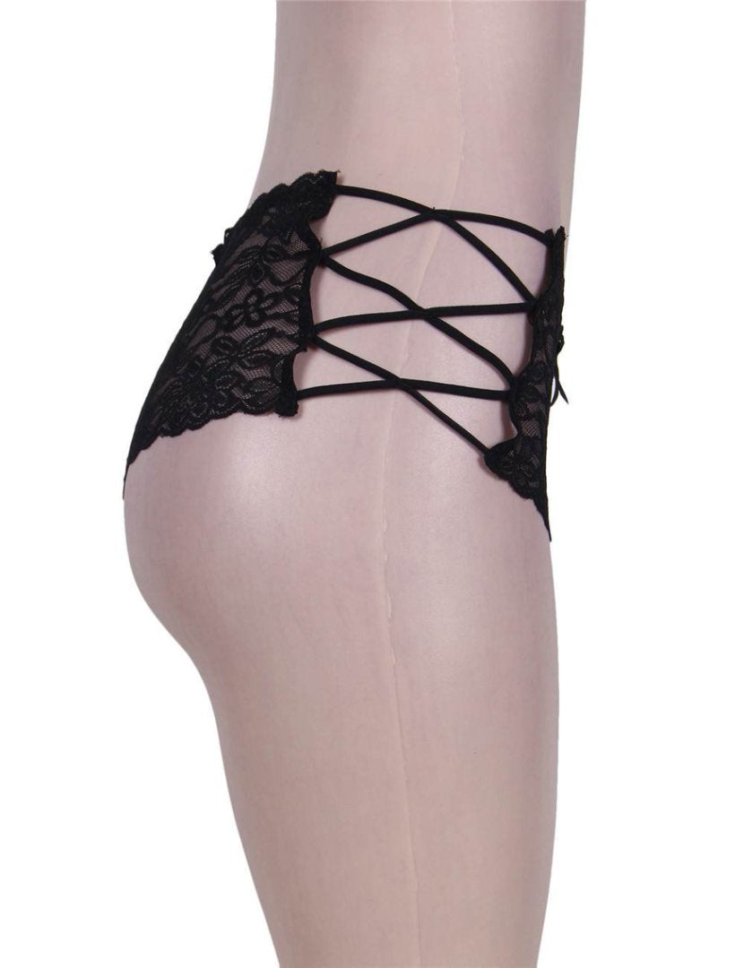 Sexy Black High Waist Floral Lace Strappy Panty.,,