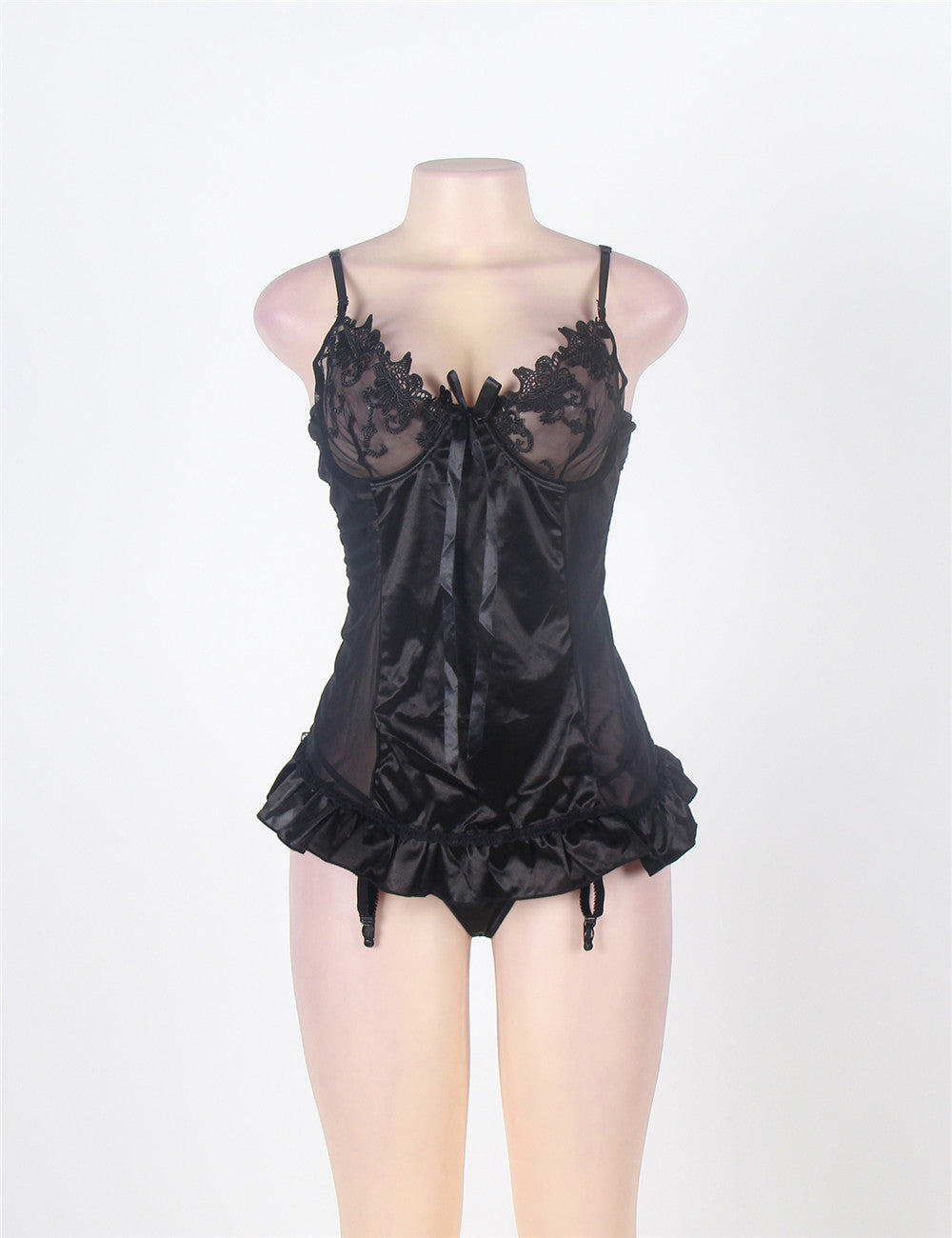 Soutien-gorge sexy noir brodé à volants à l'entrejambe et dos nuisette