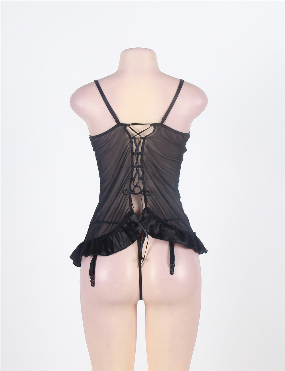 Soutien-gorge sexy noir brodé à volants à l'entrejambe et dos nuisette