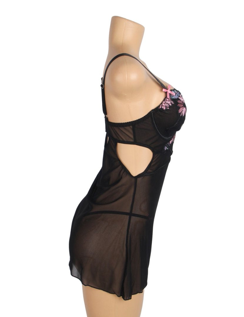 Black Sexy Mesh Floral Embroidery Lift Bra Suspender Nightdress