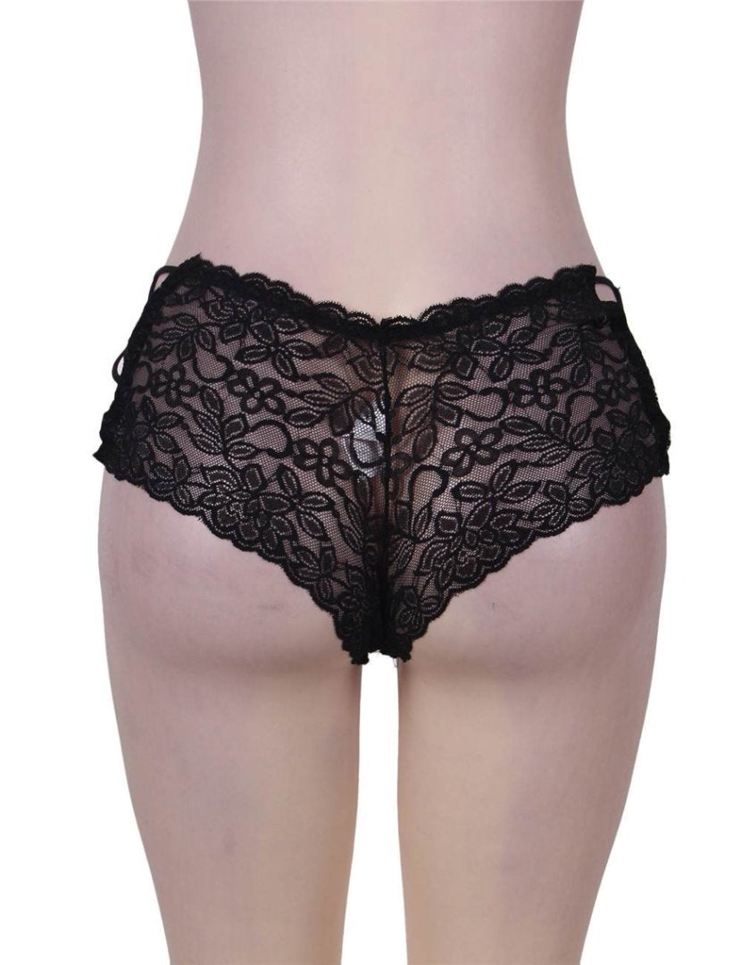 Sexy Black High Waist Floral Lace Strappy Panty,,