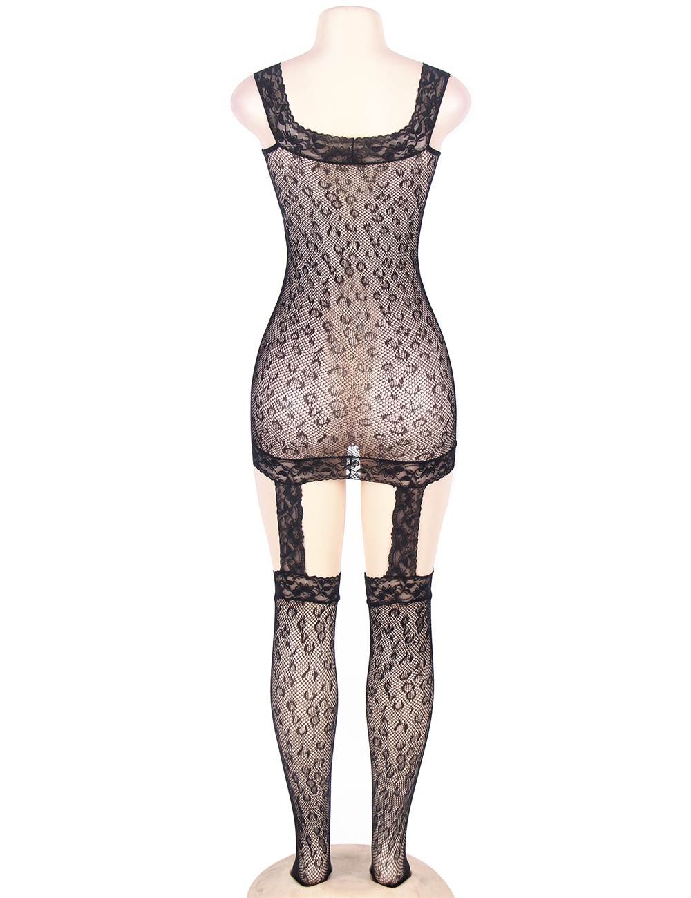 Plus Size Leopard Patterned Bodystocking with Garter