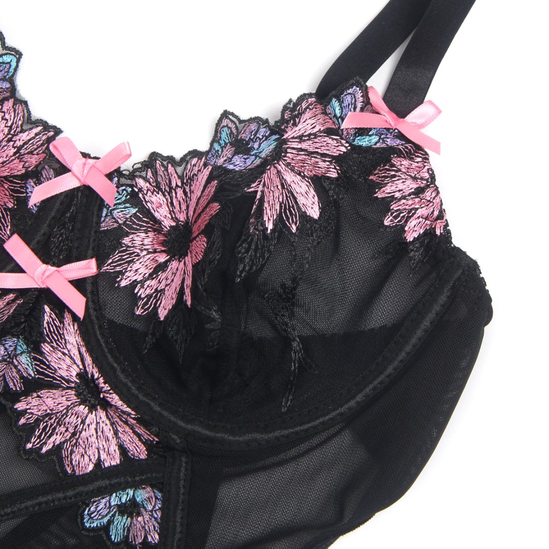 Black Sexy Mesh Floral Embroidery Lift Bra Suspender Nightdress