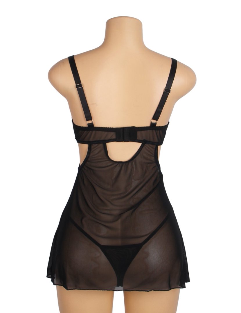 Black Sexy Mesh Floral Embroidery Lift Bra Suspender Nightdress