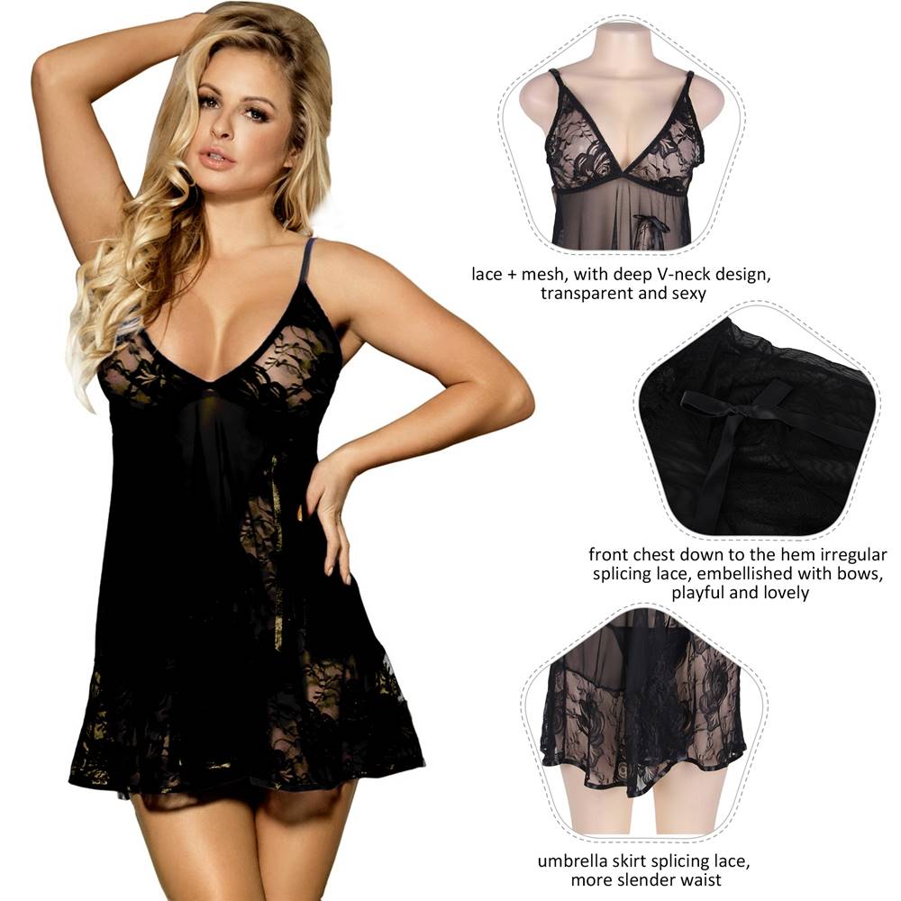 Sexy Black Transparent V Neck Lace Short Nightdress