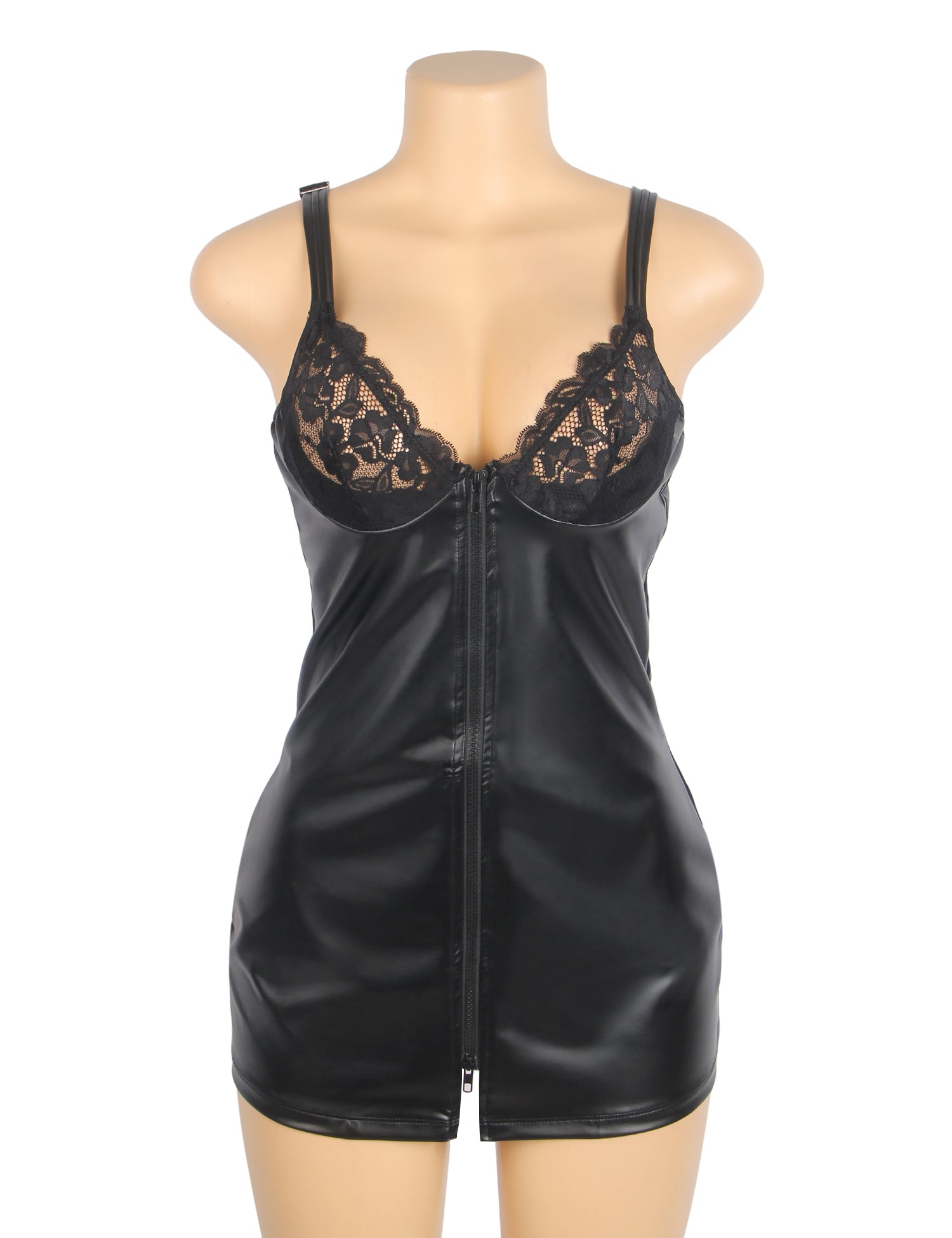 Sexy Dessous aus schwarzem PU-Leder mit Spitze und Reißverschluss