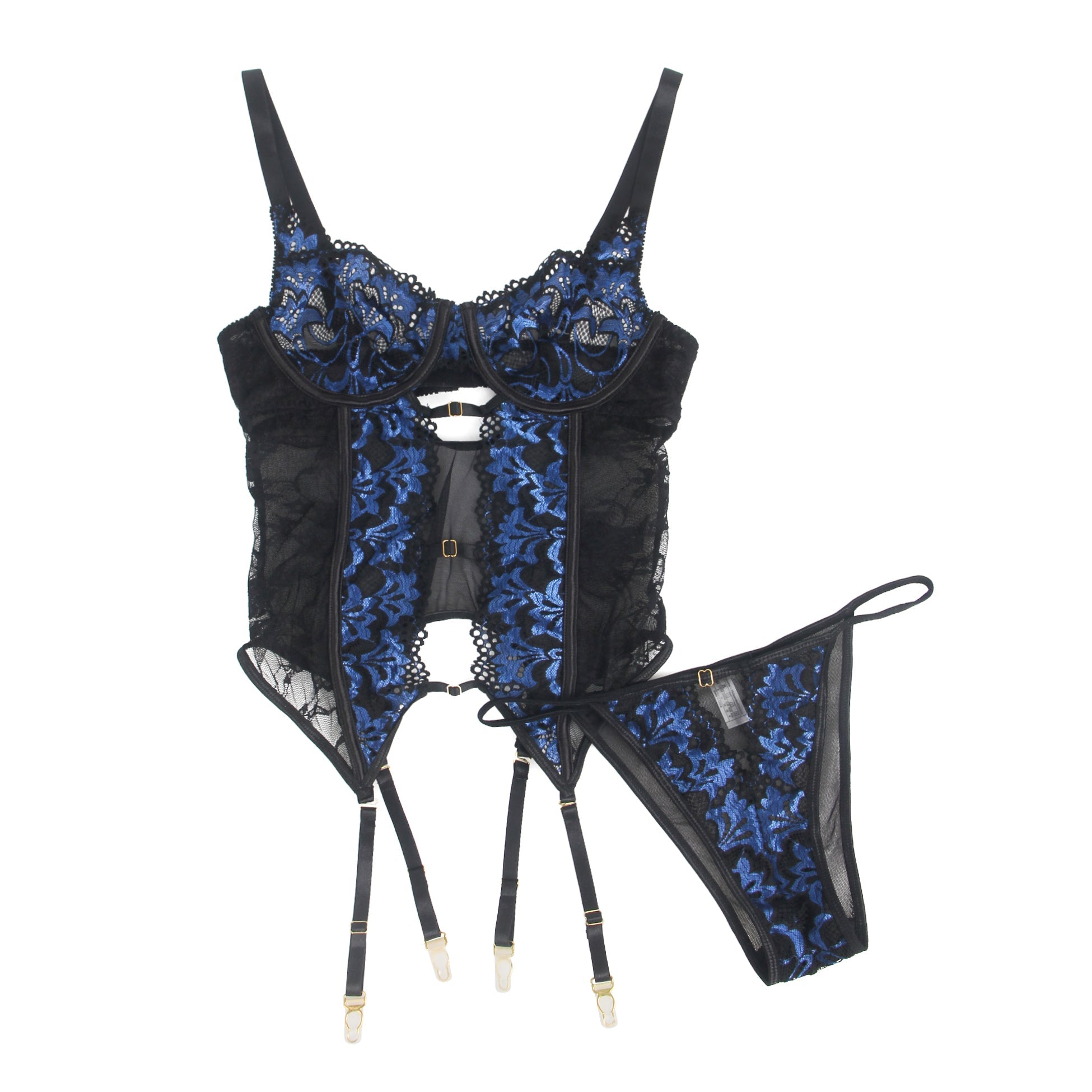 Blaues, sexy, besticktes Spitzen-Strumpfband-Dessous-Set