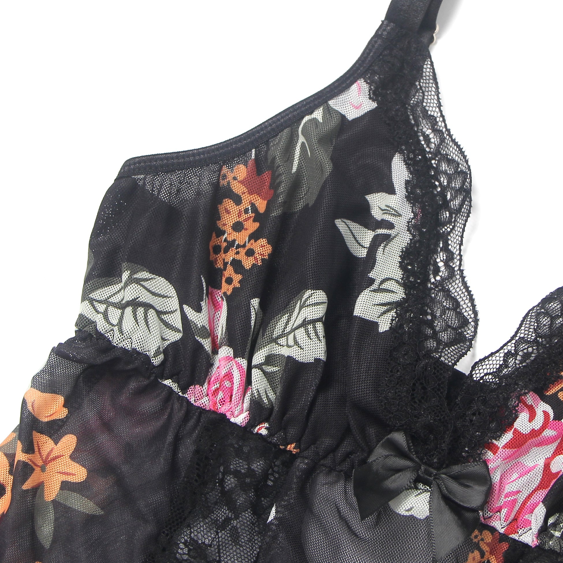 Printing Sexy Mesh Lace Long Split Nightgown