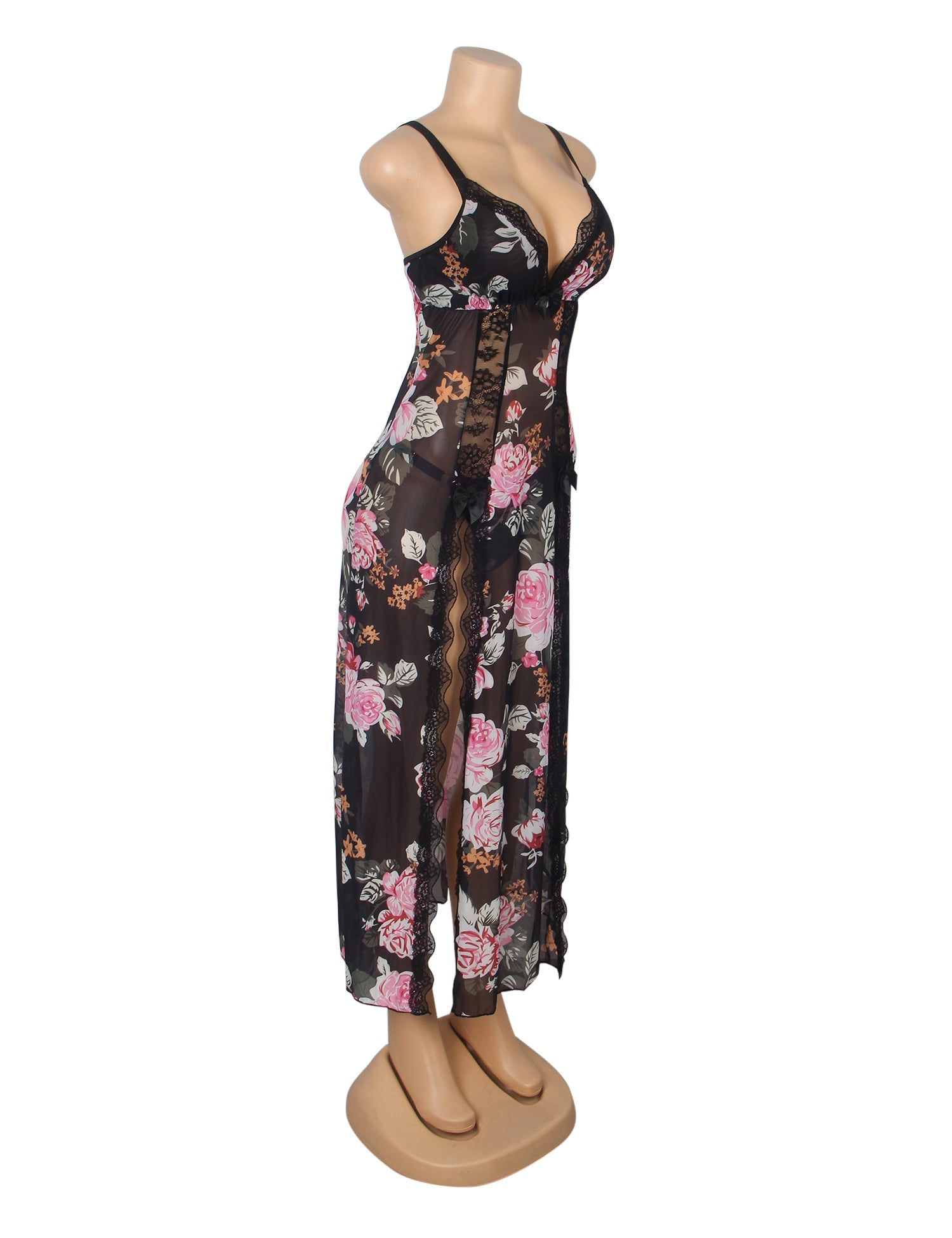 Printing Sexy Mesh Lace Long Split Nightgown