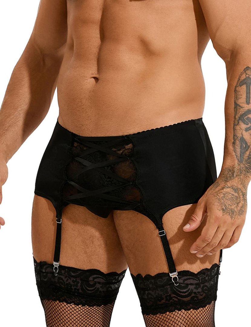 Teasefashion men's lace garter panty in black with crisscross front and attached garter straps
