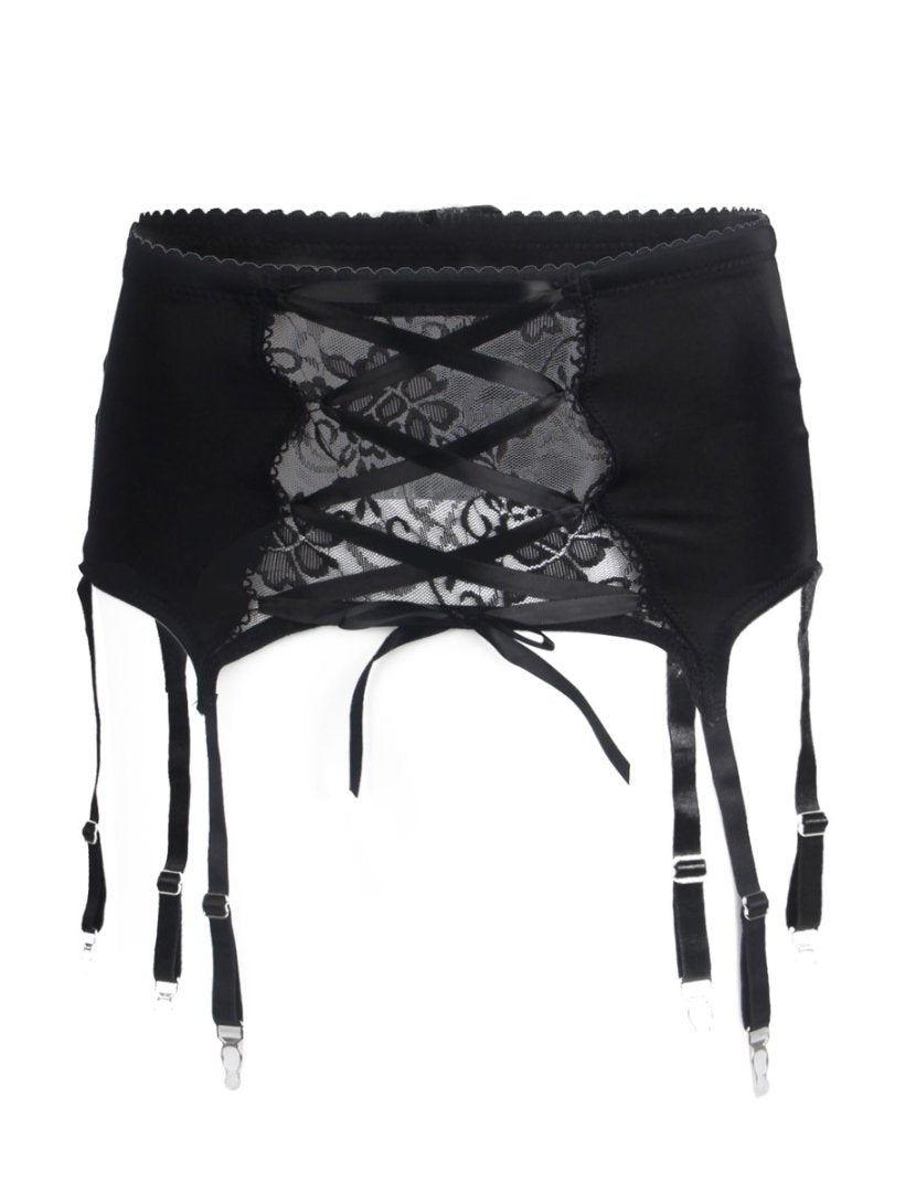 Teasefashion men's lace garter panty in black with floral lace front and adjustable straps