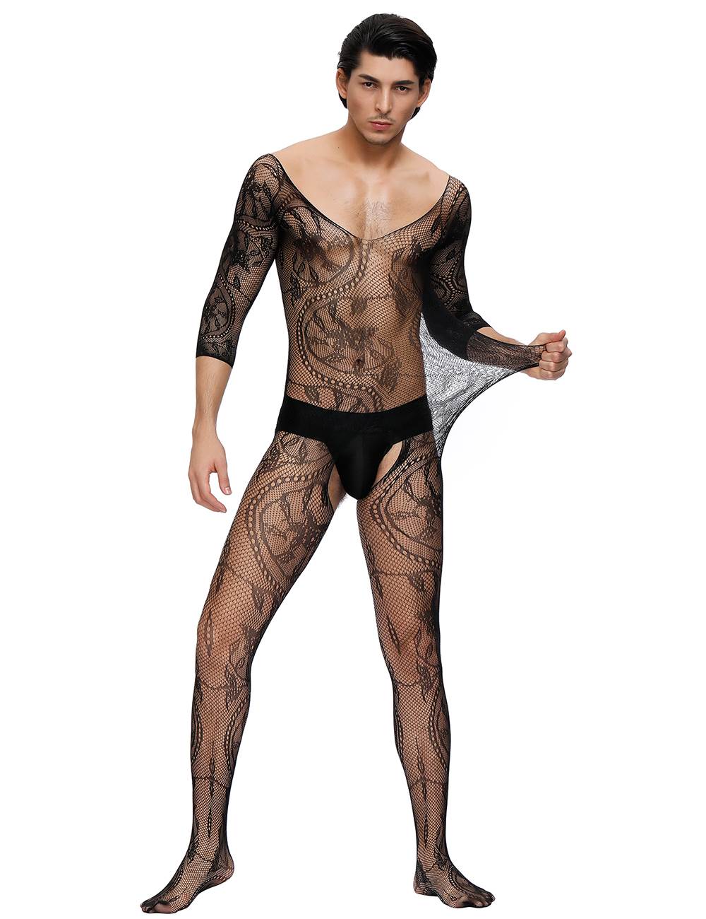 Teasefashion black lace crotchless bodystocking for men with floral patterns and full body coverage