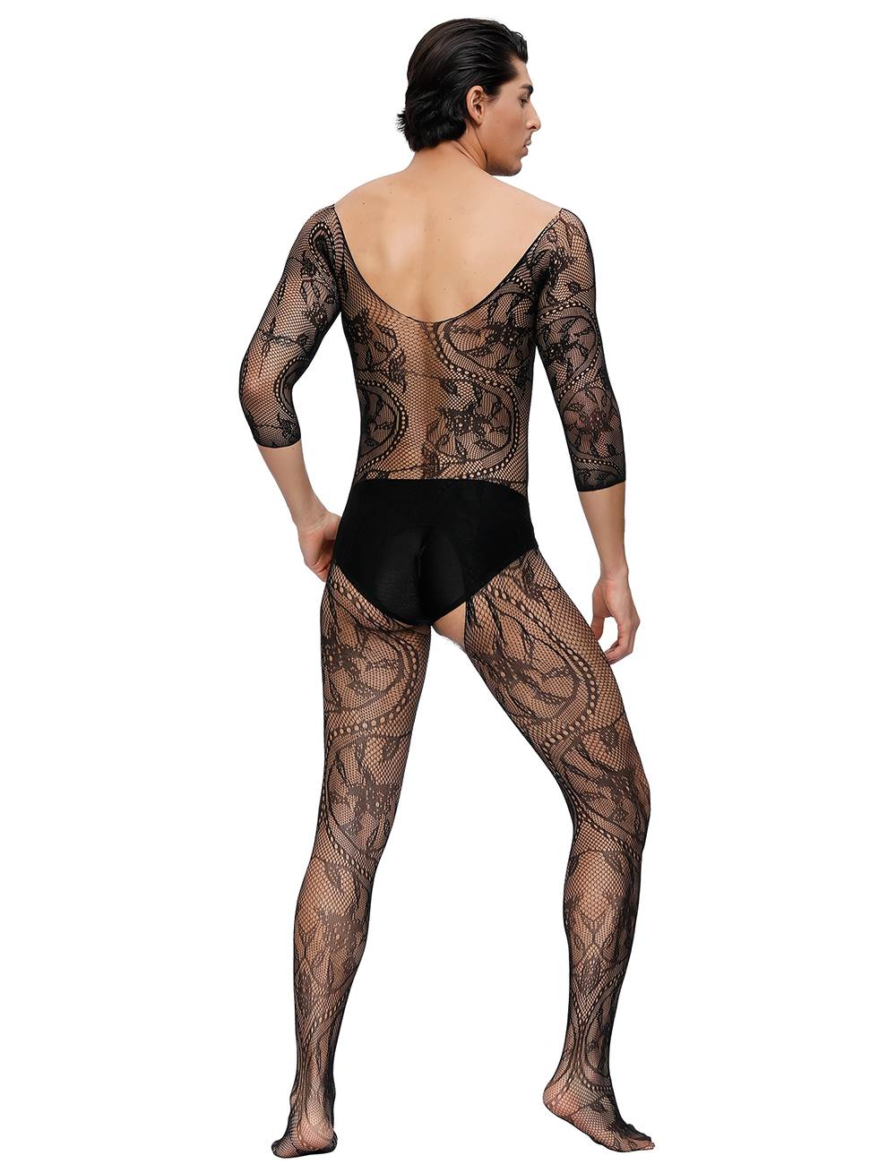 Teasefashion black patterned crotchless bodystocking for men with three-quarter sleeves and sheer mesh design