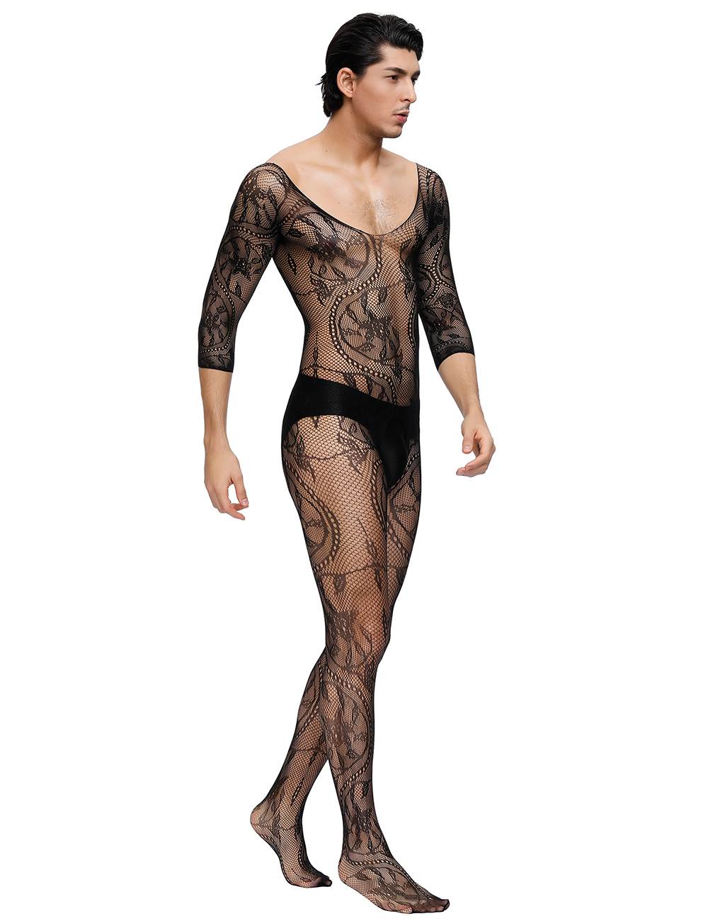 Teasefashion black lace crotchless bodystocking for men with long sleeves and intricate pattern design