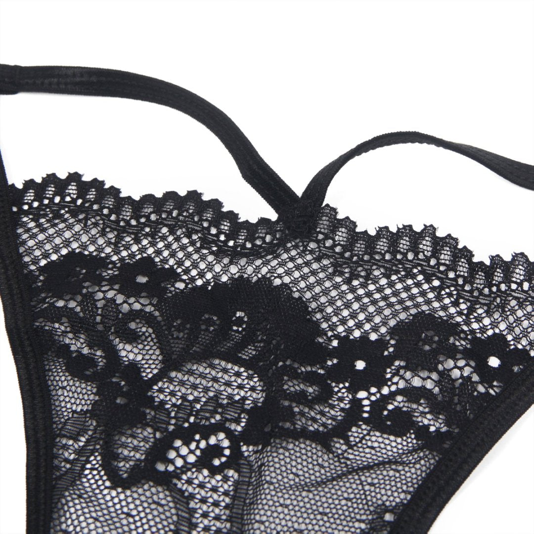 String en dentelle noire sexy ajourée pour femme