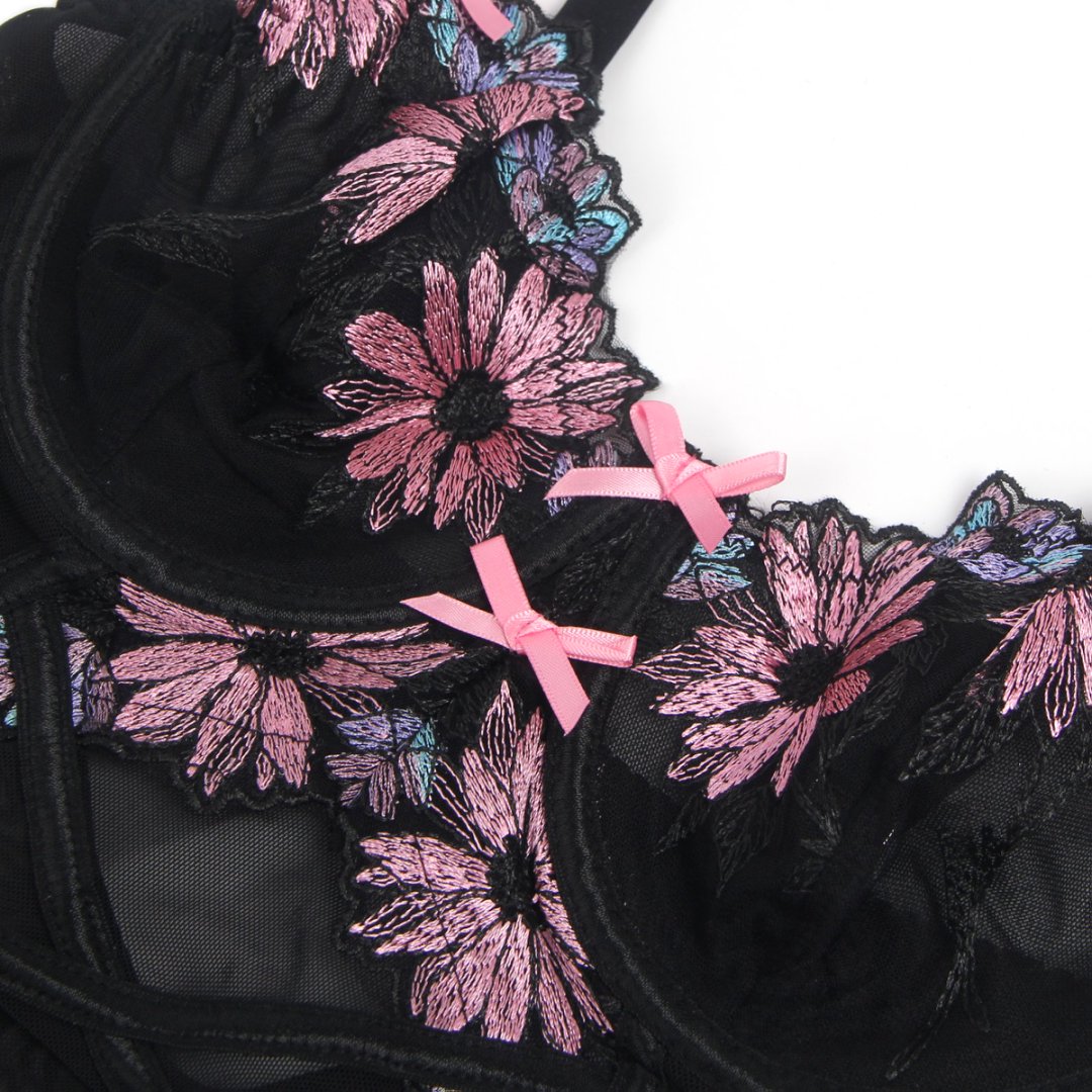 Black Sexy Mesh Floral Embroidery Lift Bra Suspender Nightdress