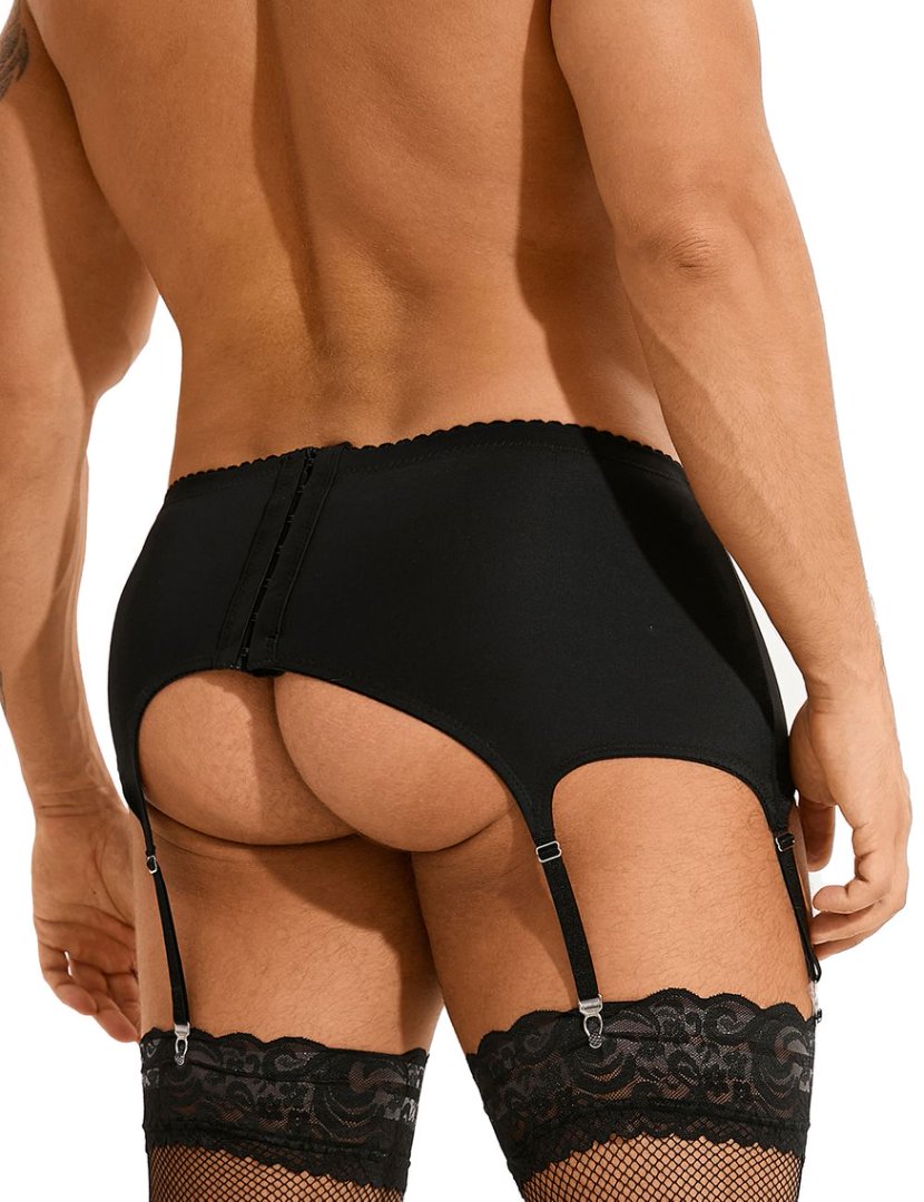 Teasefashion men's lace garter panty in black with adjustable straps and lace stockings