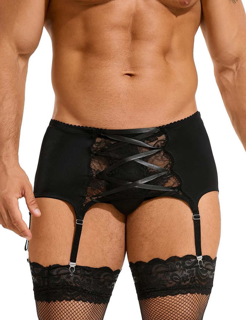 Teasefashion black men's lace garter panty with lace-up front and attached garter straps