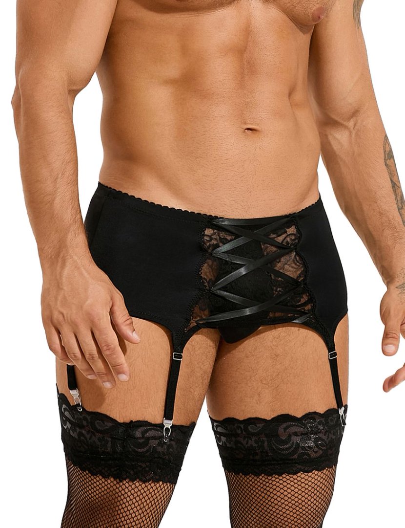 Teasefashion men's lace garter panty in black with lace front and attached garter straps