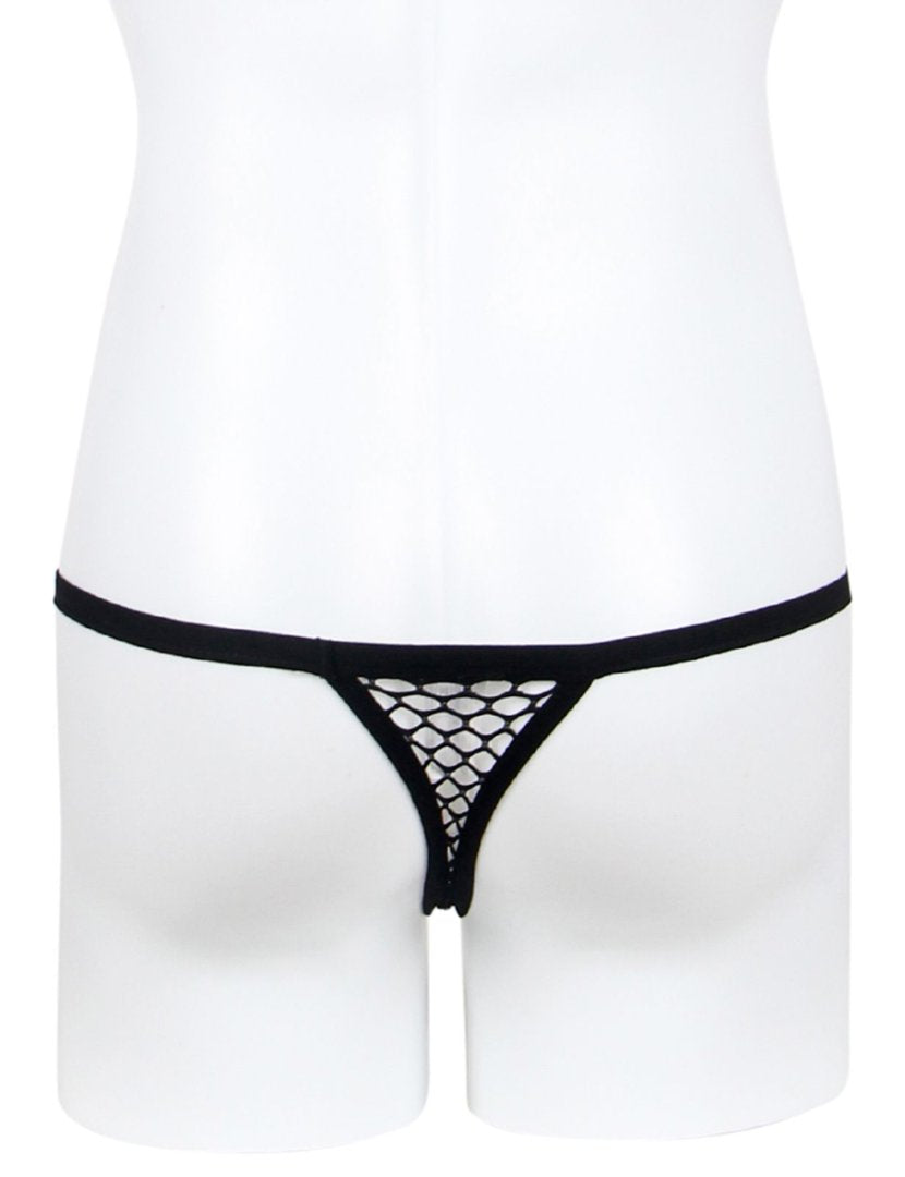 Teasefashion black men's fishnet thong with a minimalist design on a white mannequin