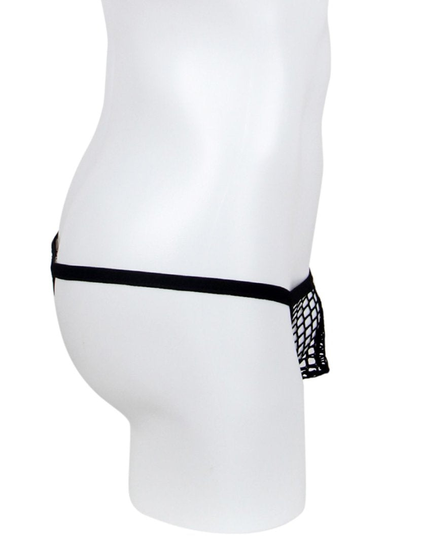 Black men's fishnet thong with minimal coverage and elastic waistband on white mannequin side view