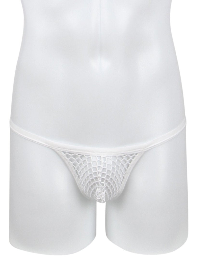 Teasefashion men's white fishnet thong with mesh design on mannequin waist